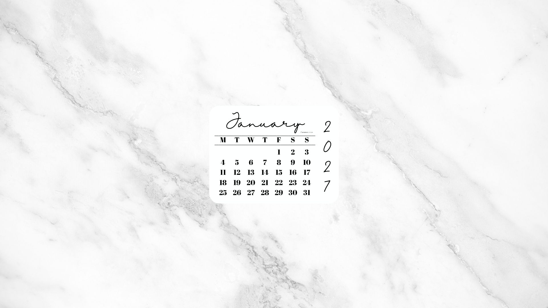 January 2027 Desktop Wallpaper Background - White Marble | SaturdayGift