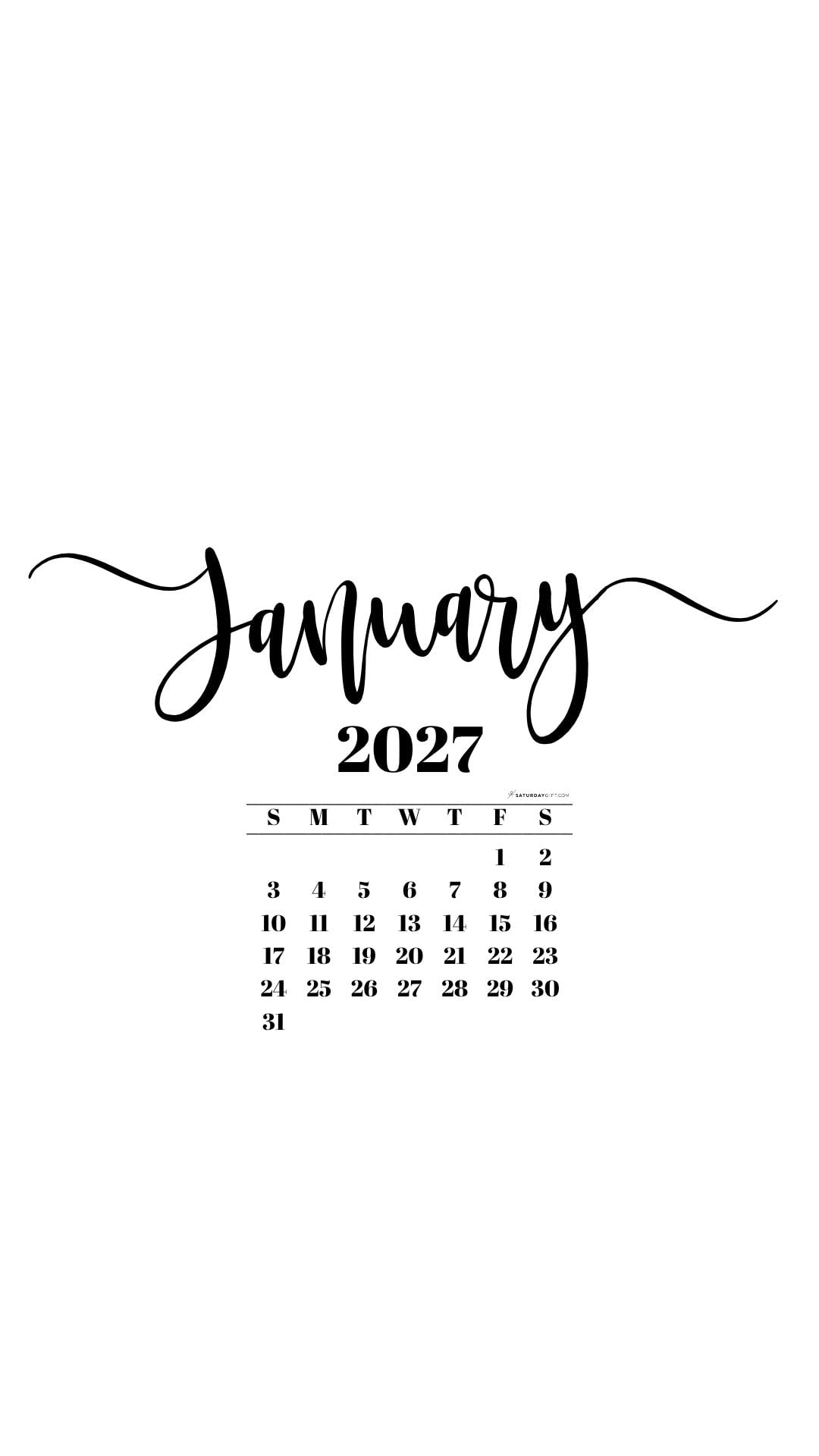 January 2027 Phone Background Wallpaper - White | SaturdayGift