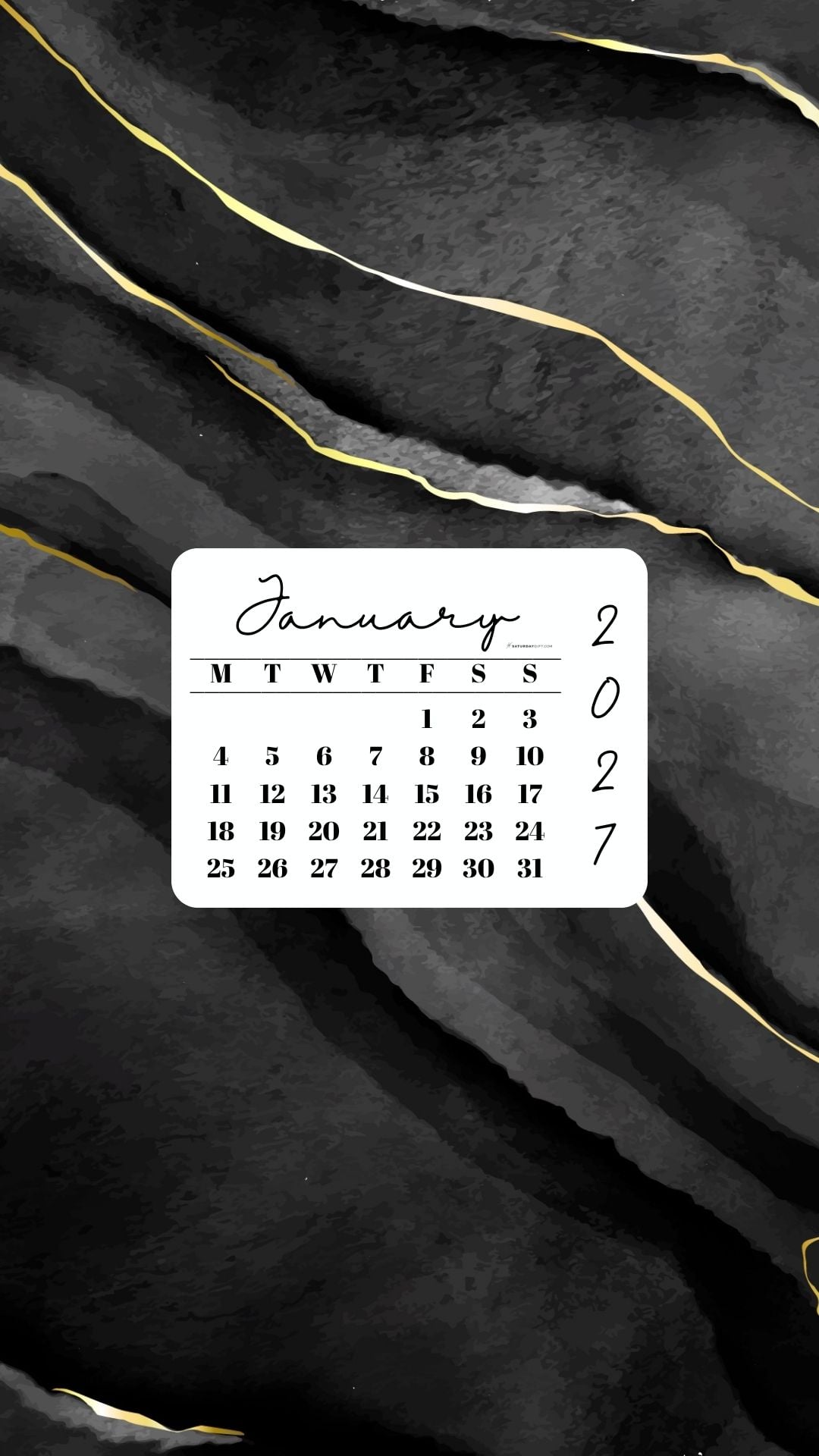 January 2027 Phone Wallpaper Background - Black & Gold Watercolor | SaturdayGift