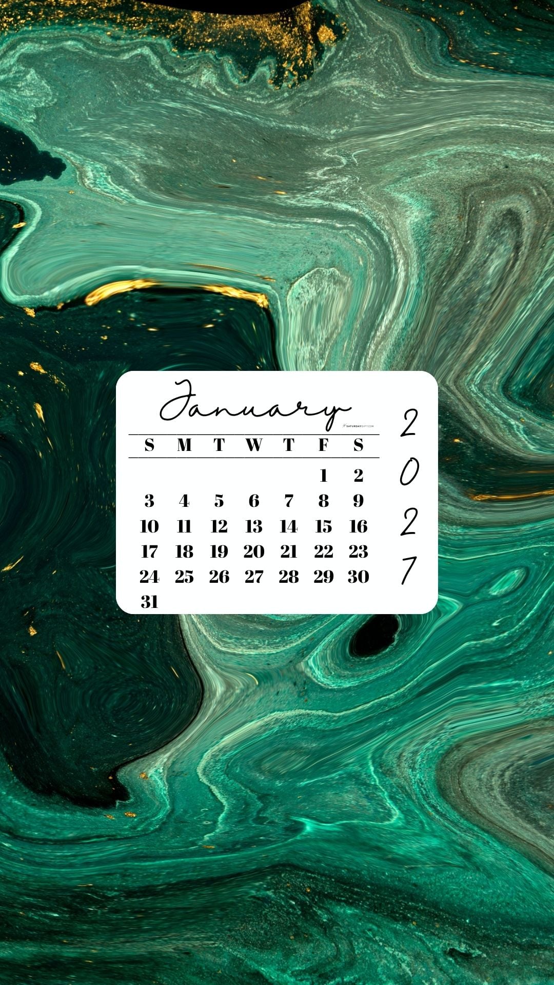 January 2027 Phone Wallpaper Background - Green & Gold | SaturdayGift
