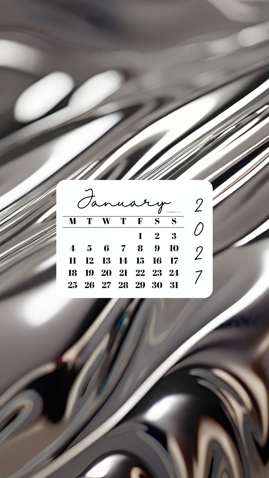 January 2027 Phone Wallpaper Background - Liquid Silver | SaturdayGift