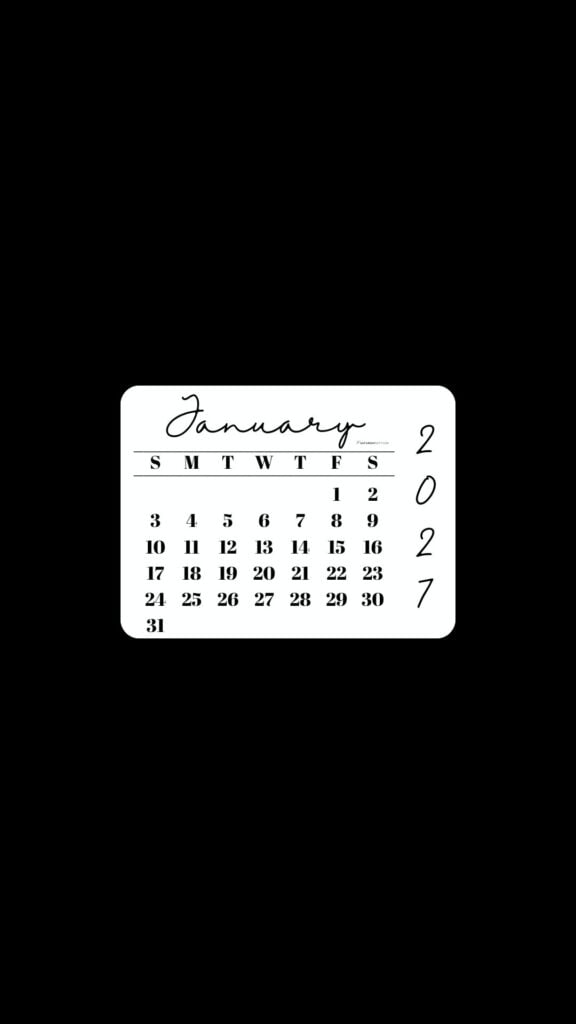 January 2027 Phone Wallpaper Background - Minimal Black | SaturdayGift