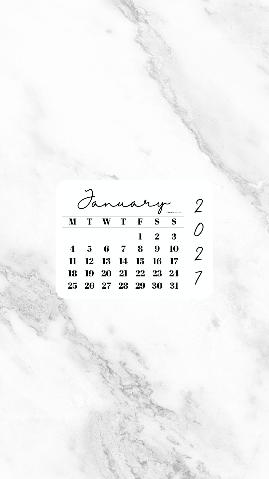 January 2027 Phone Wallpaper Background - White Marble | SaturdayGift