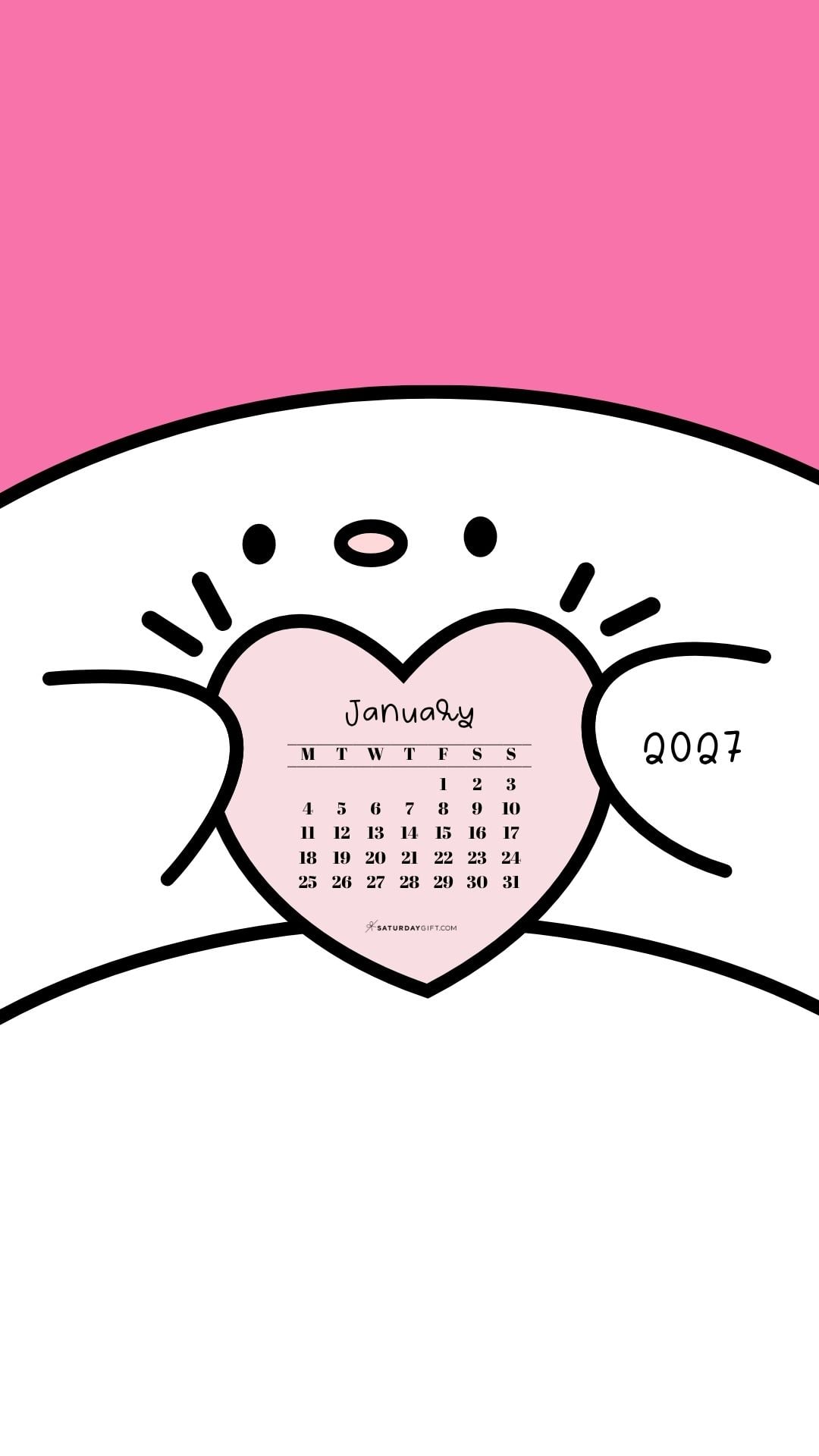 January 2027 Wallpaper for Phone - Friendly Creature Pink | SaturdayGift
