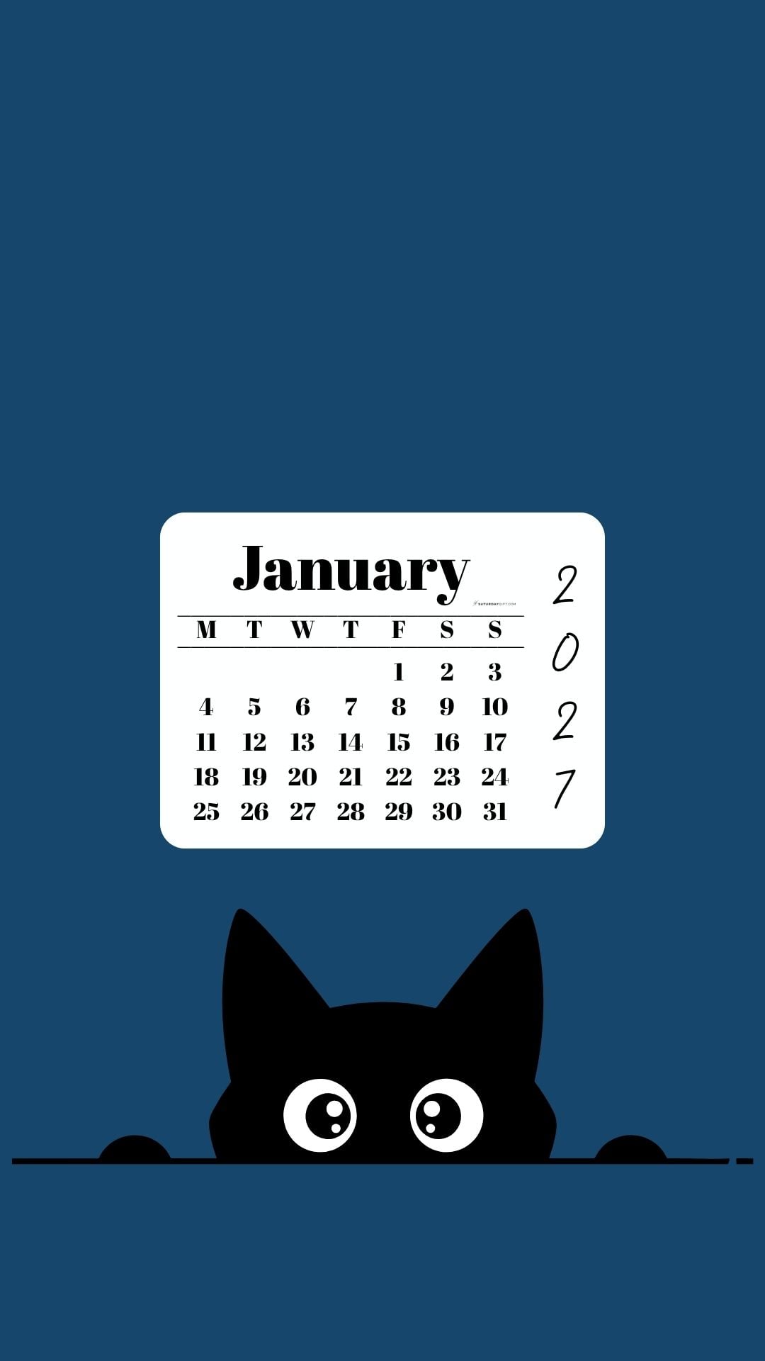 January Calendar 2027 Phone Background - Shy Cat Blue | SaturdayGift