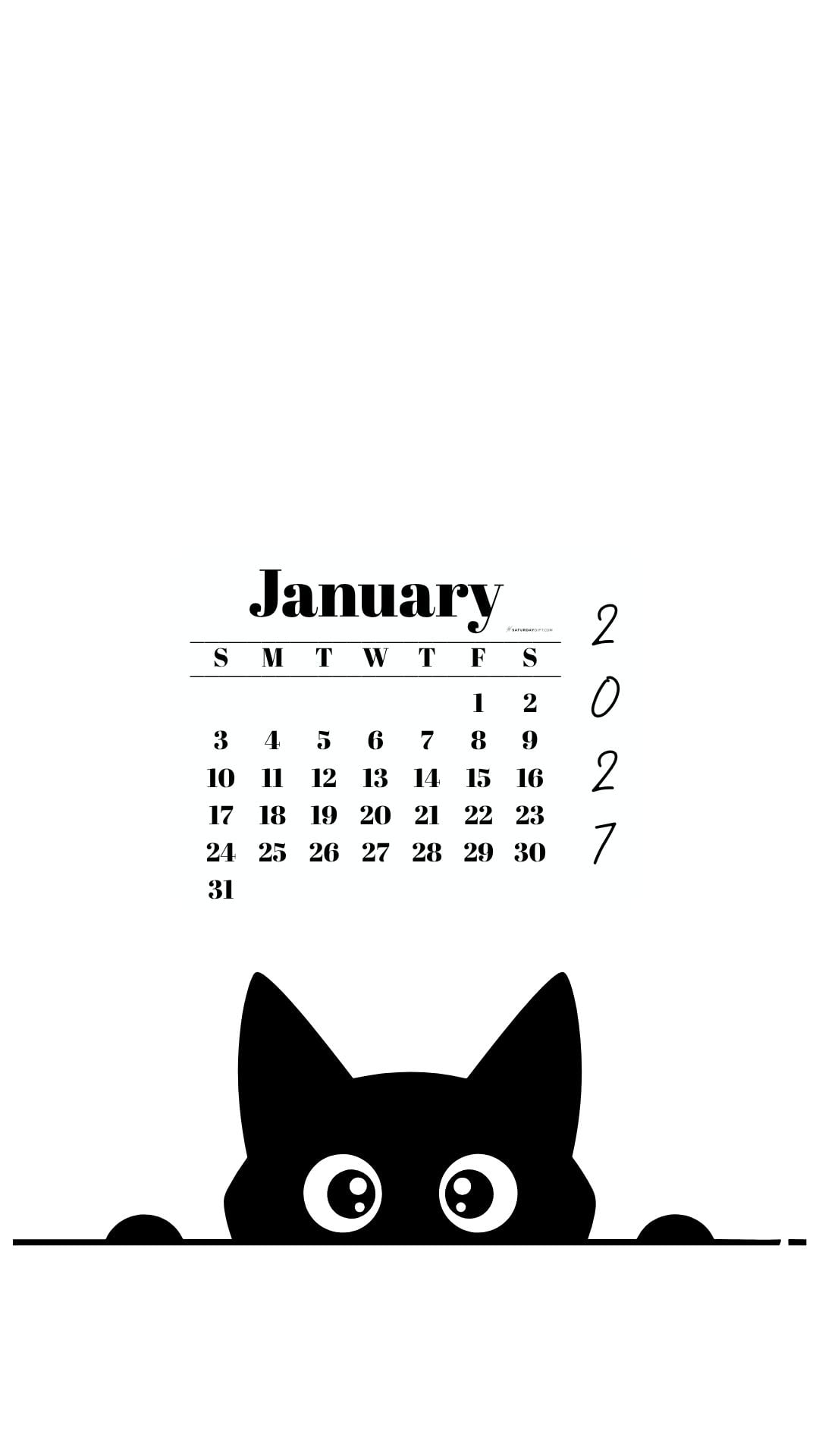 January Calendar 2027 Phone Background - Shy Cat White | SaturdayGift