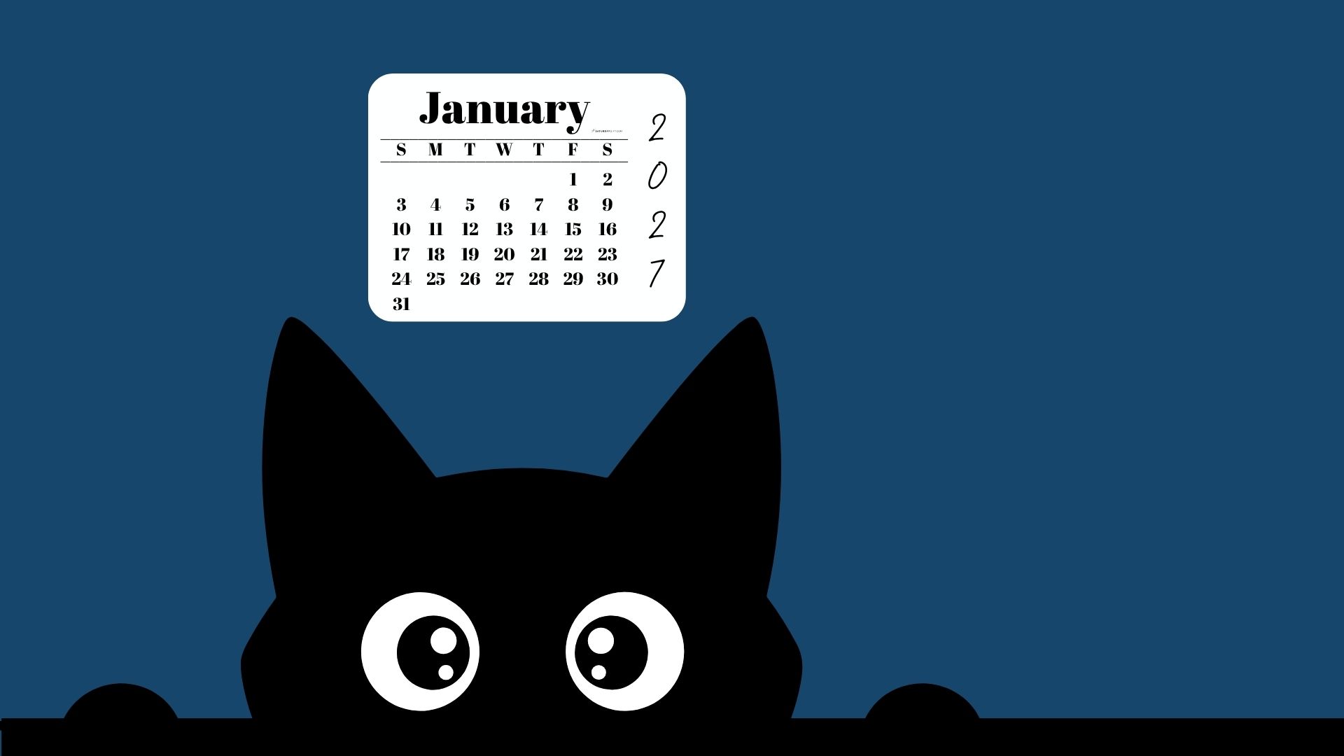 January Calendar Desktop Background 2027 - Shy Cat Blue | SaturdayGift
