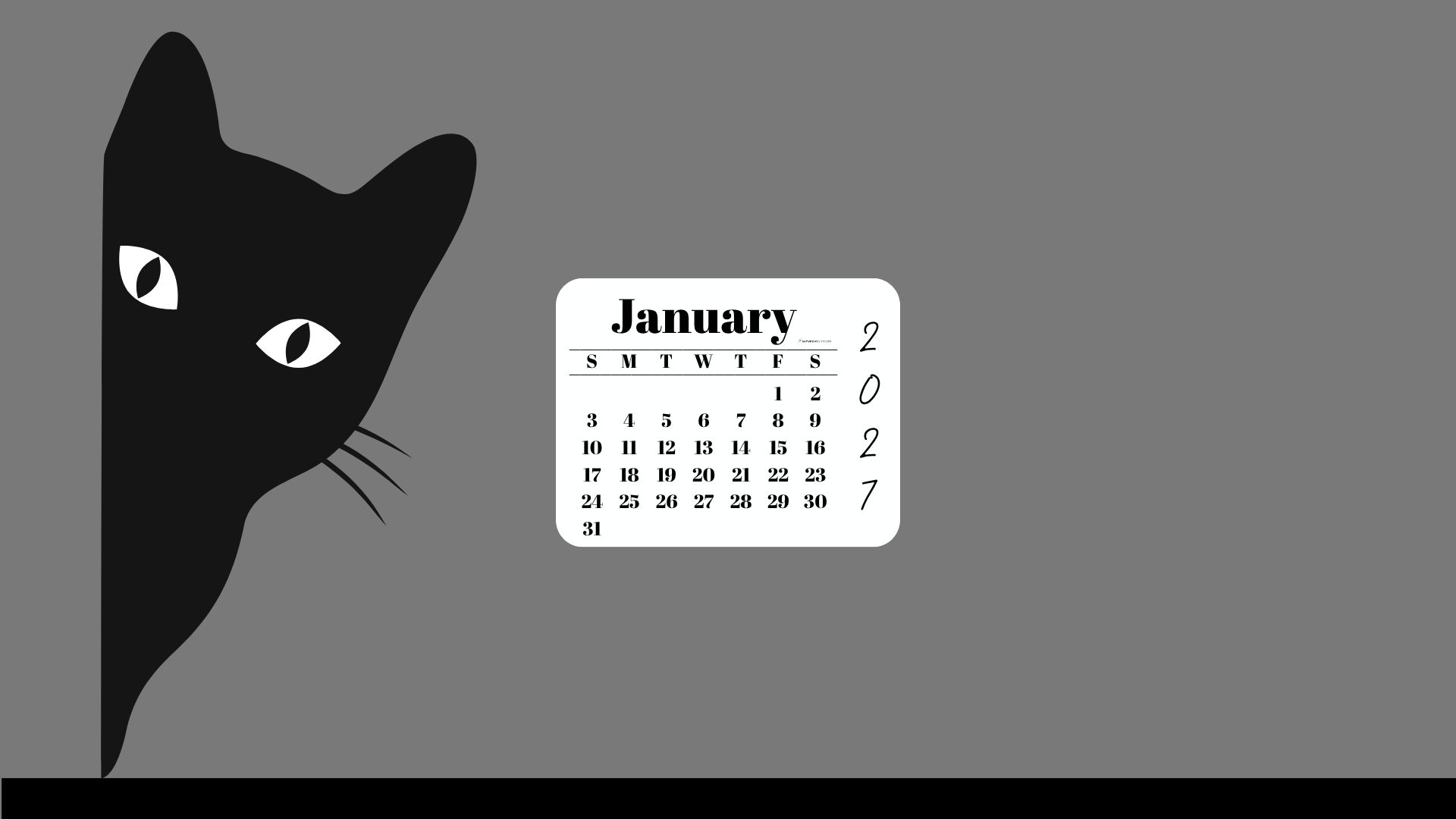 January Desktop Wallpaper 2027 - Black Cat Grey Background | SaturdayGift