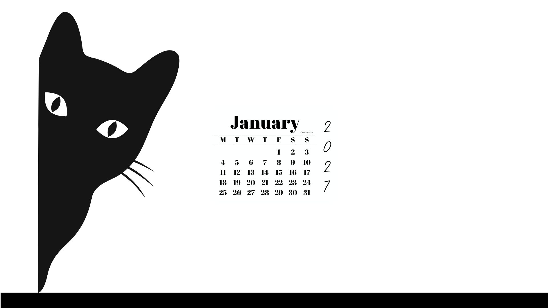 January Desktop Wallpaper 2027 - Black Cat White Background | SaturdayGift