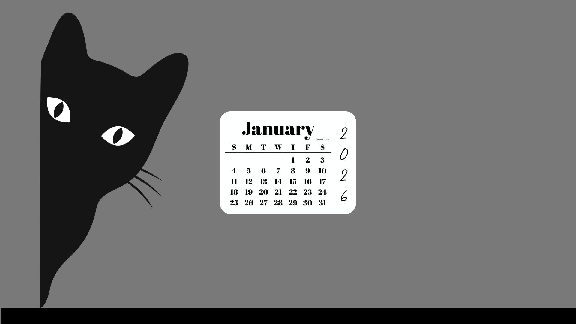 January Desktop Wallpaper - Black Cat Grey Background | SaturdayGift