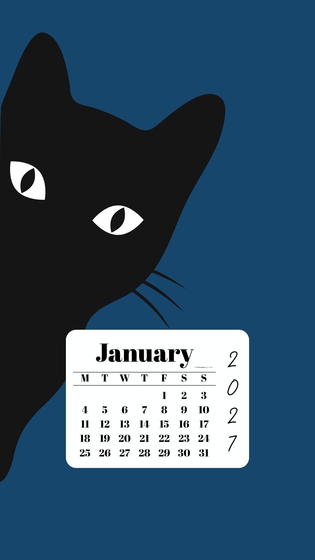 January Phone Wallpaper 2027 - Black Cat Blue Background | SaturdayGift