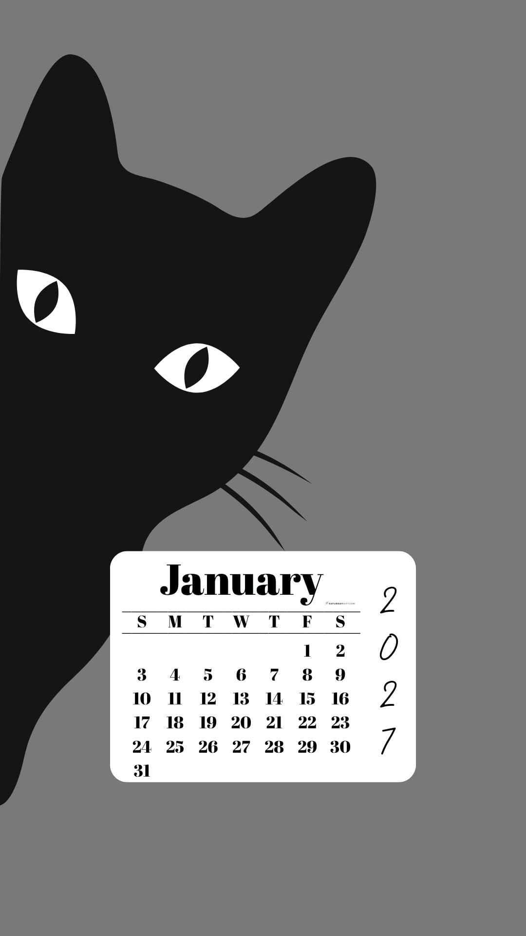 January Phone Wallpaper 2027 - Black Cat Grey Background | SaturdayGift