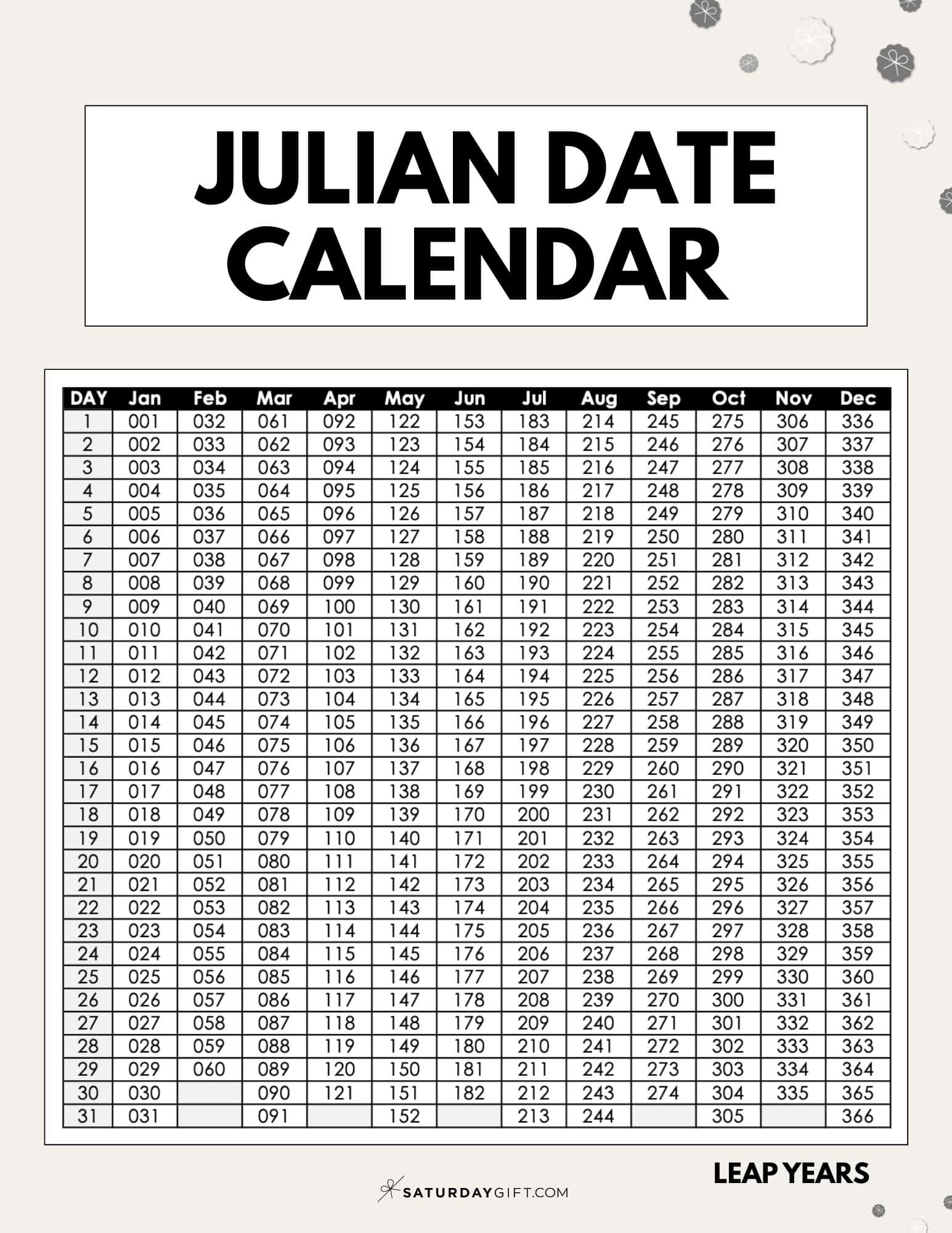 Julian Date&nbsp;Calendar Printable Template for Leap Years - Beige