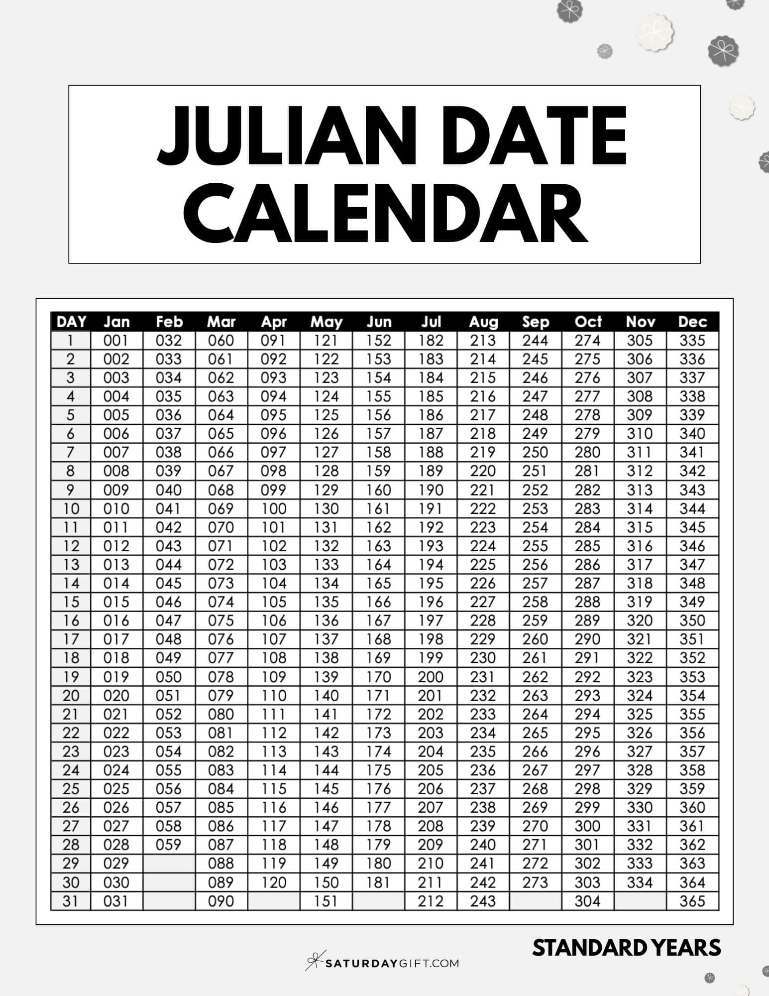 Julian Date&nbsp;Calendar Printable Template for Standard Years - Grey