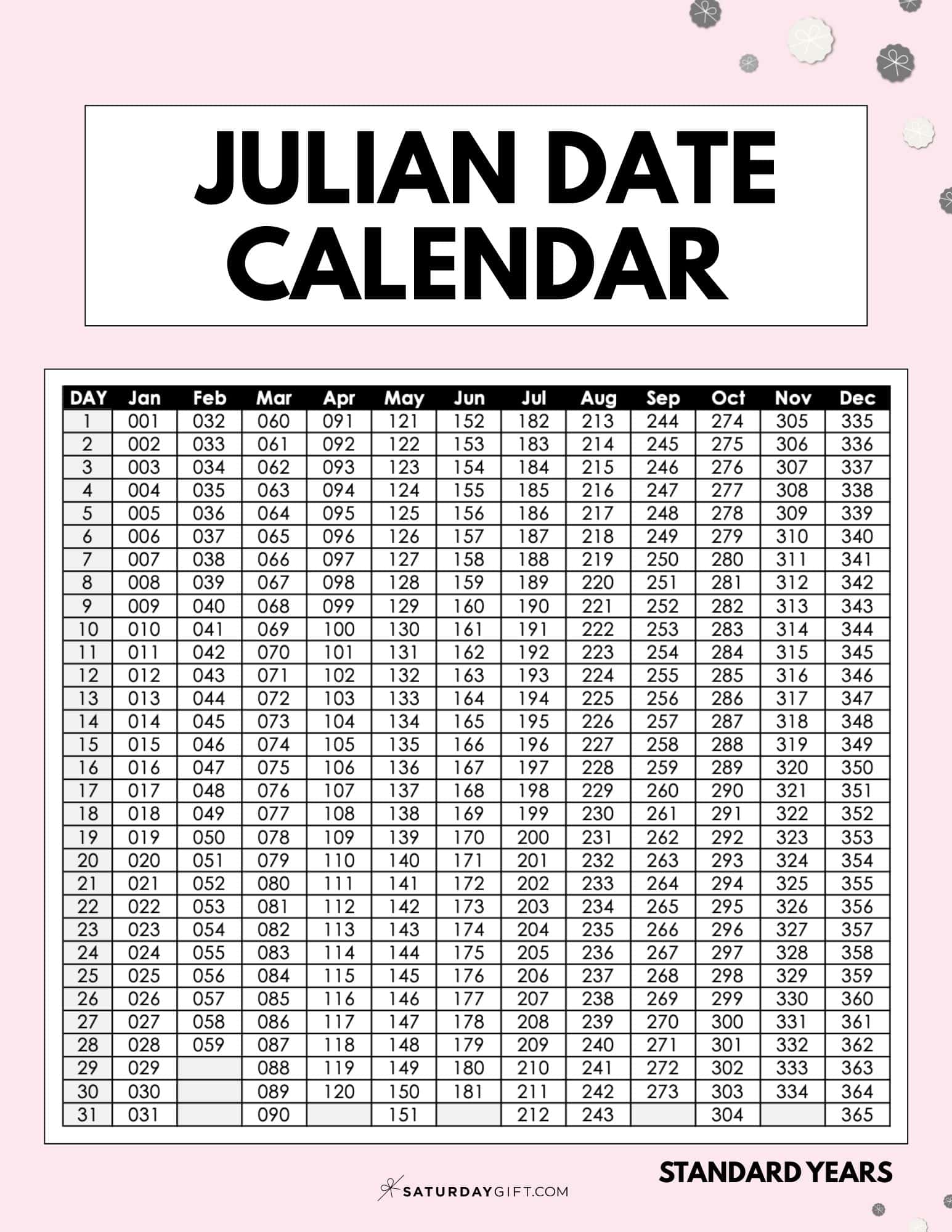 Julian Date&nbsp;Calendar Printable Template for Standard Years - Pink