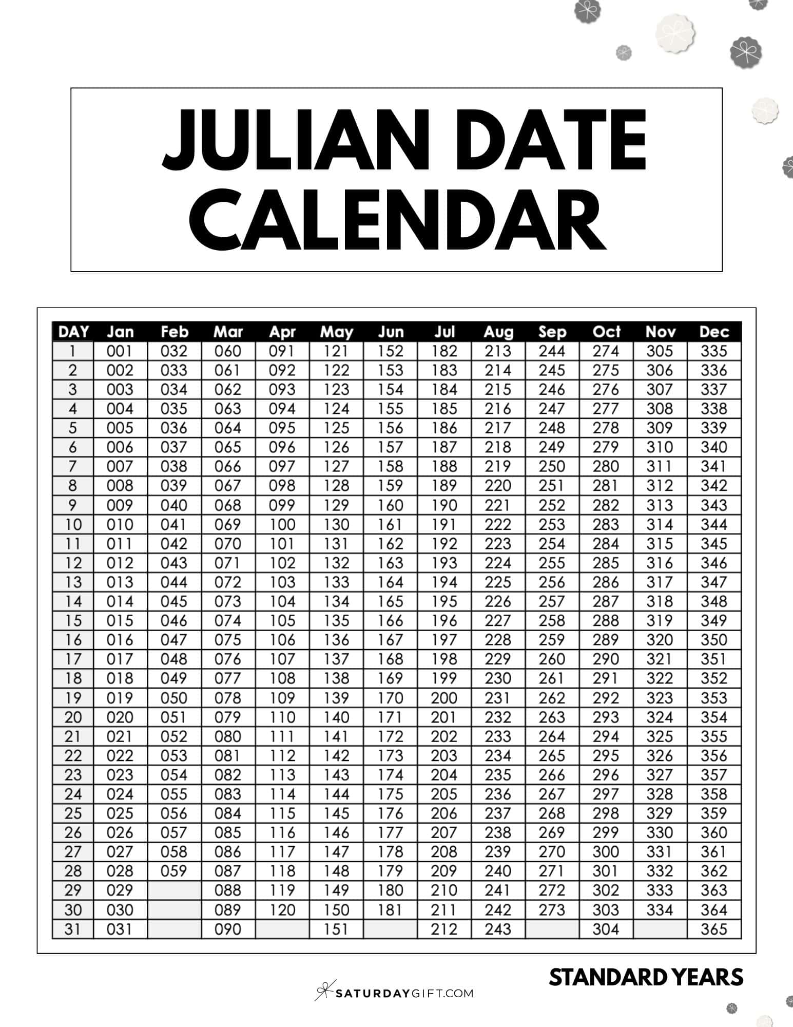 Julian Date&nbsp;Calendar Printable Template for Standard Years - White