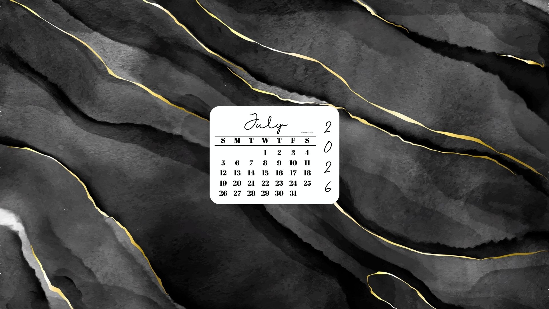 July 2026 Desktop Wallpaper Background - Black & Gold Watercolor | SaturdayGift