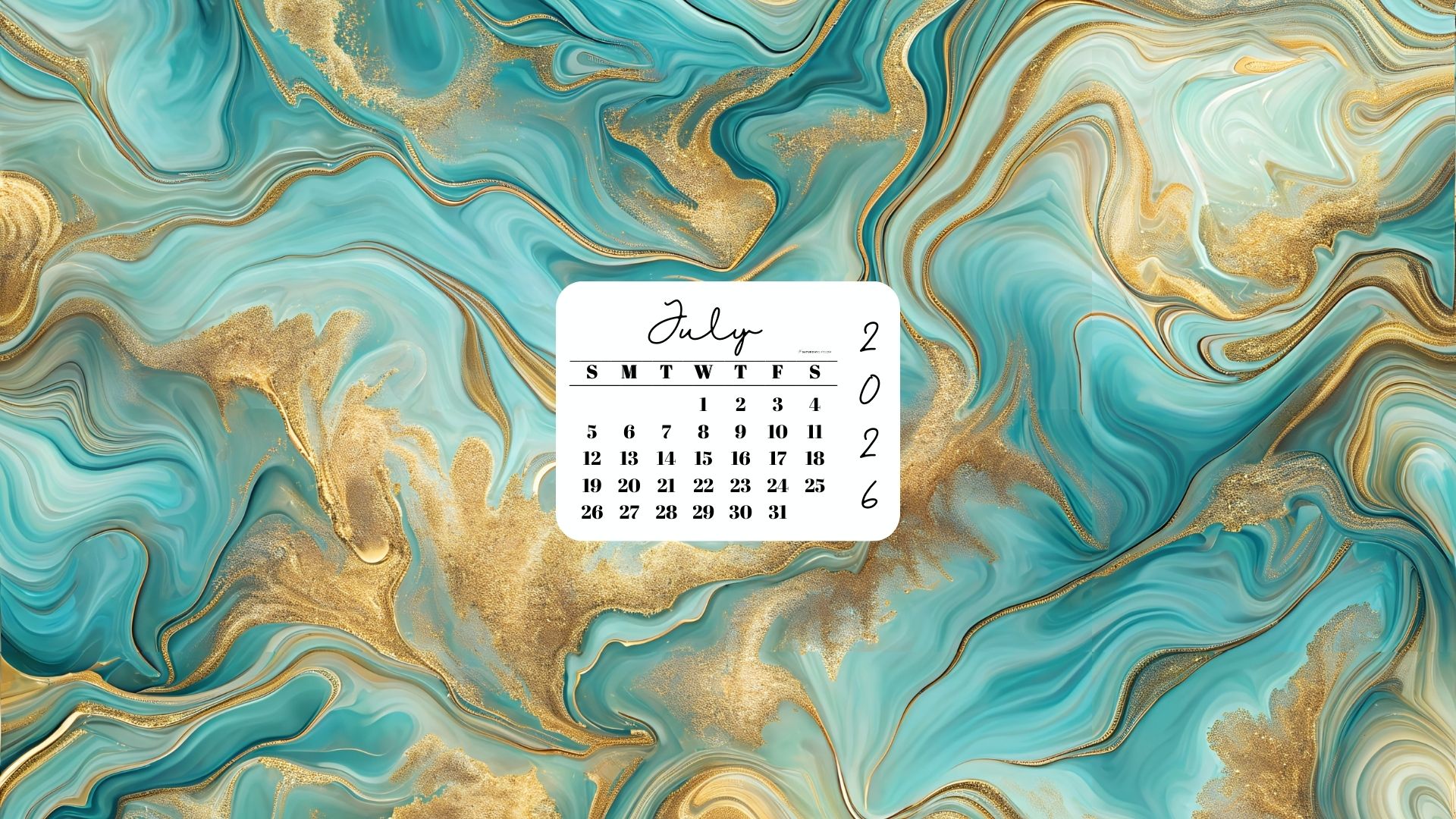 July 2026 Desktop Wallpaper Background - Gold & Turquoise | SaturdayGift
