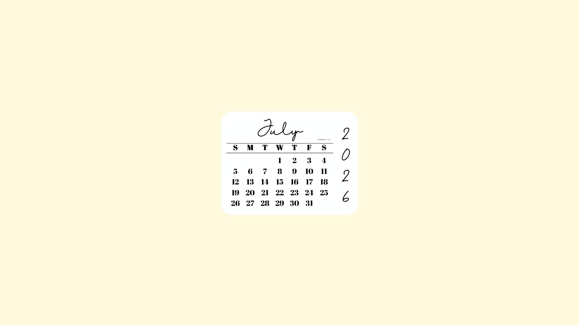 July 2026 Desktop Wallpaper Background - Minimal Yellow | SaturdayGift