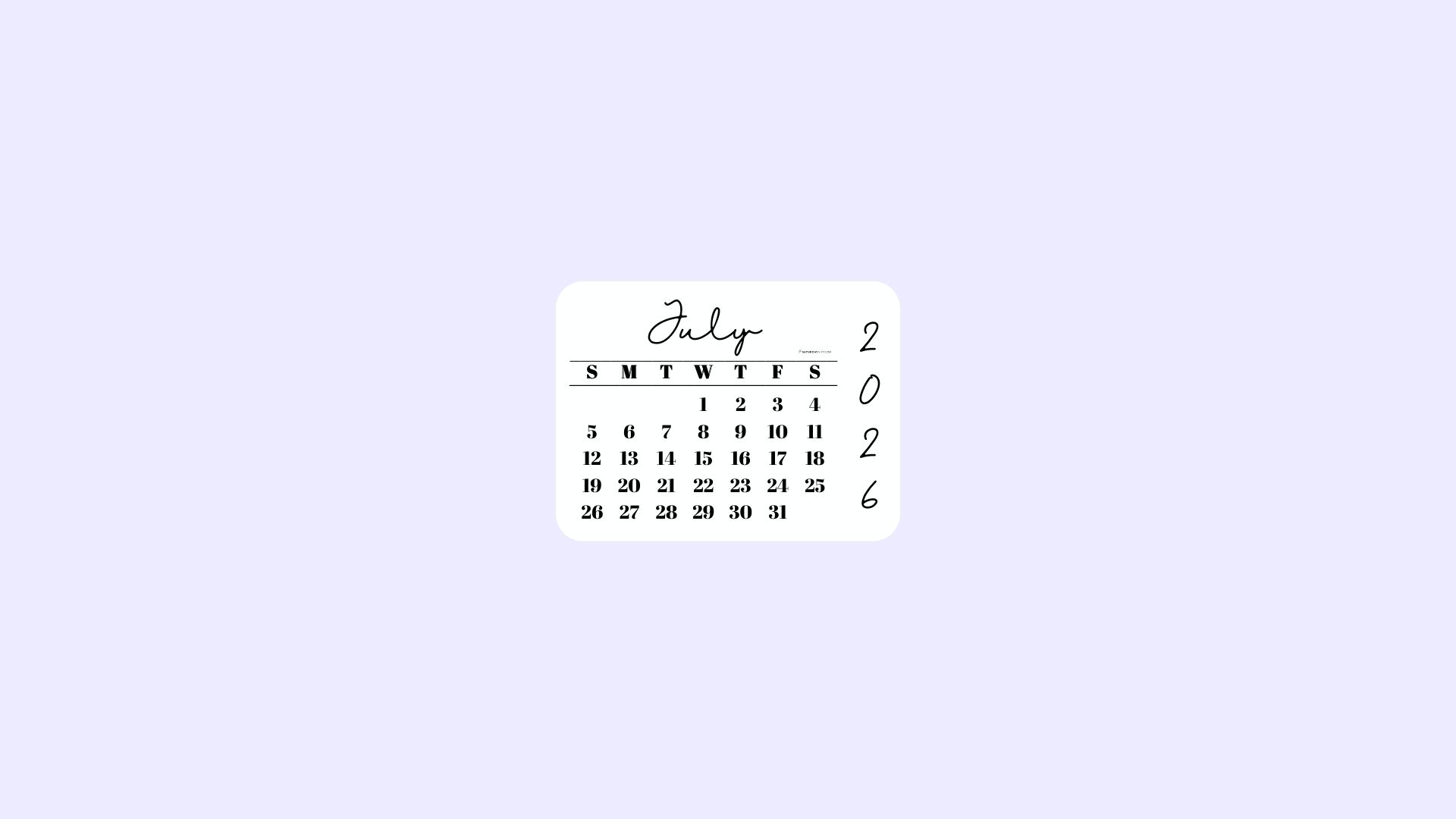 July 2026 Desktop Wallpaper Background - Simple Lilac | SaturdayGift