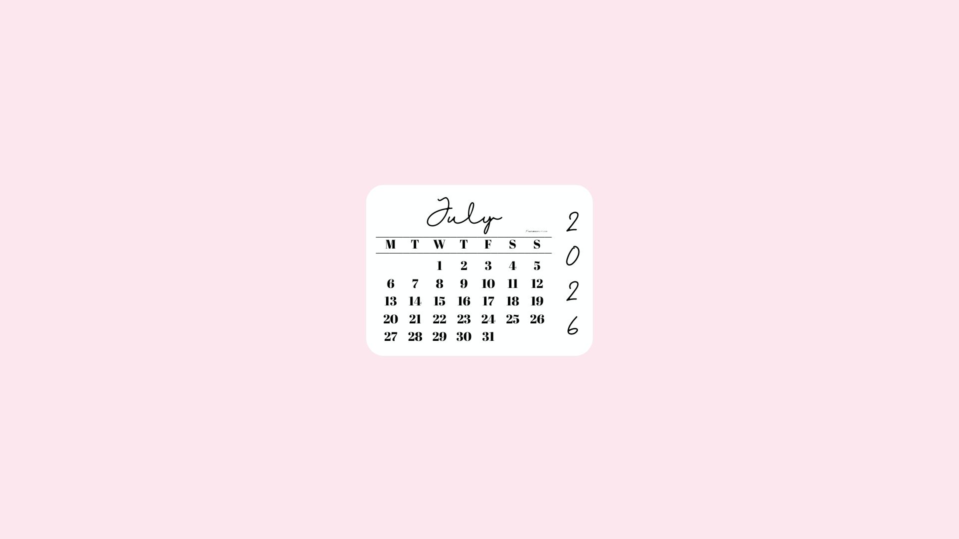 July 2026 Desktop Wallpaper Background - Simple Pink | SaturdayGift