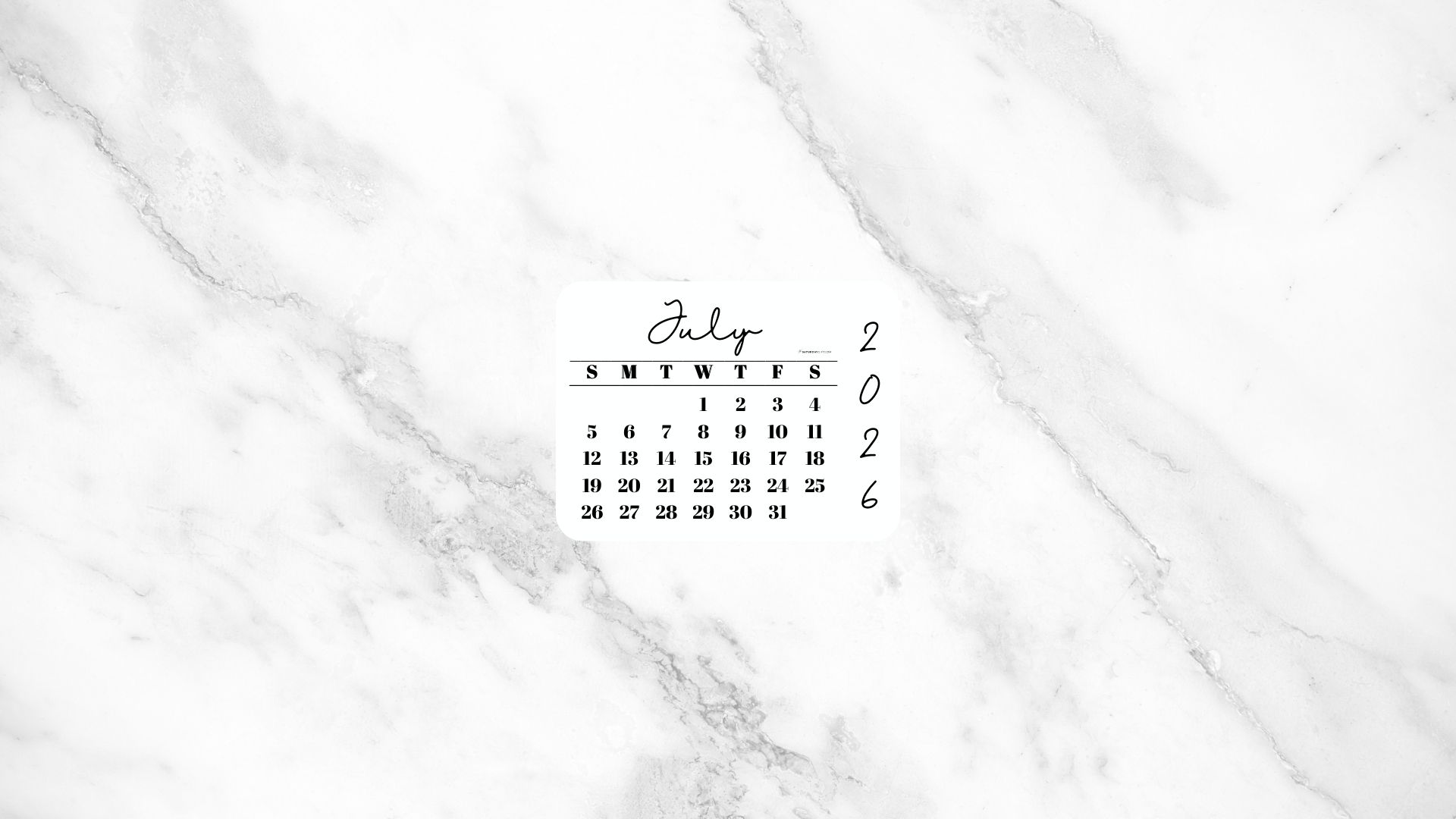 July 2026 Desktop Wallpaper Background - White Marble | SaturdayGift