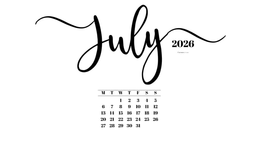 July 2026 Desktop Wallpaper Background - White | SaturdayGift