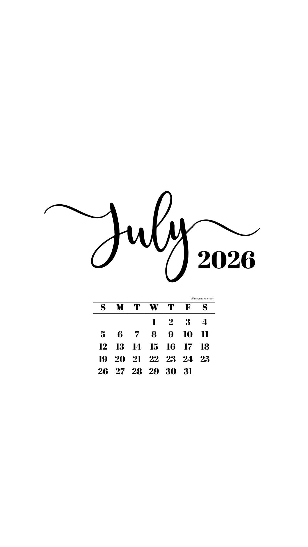 July 2026 Phone Background Wallpaper - White | SaturdayGift