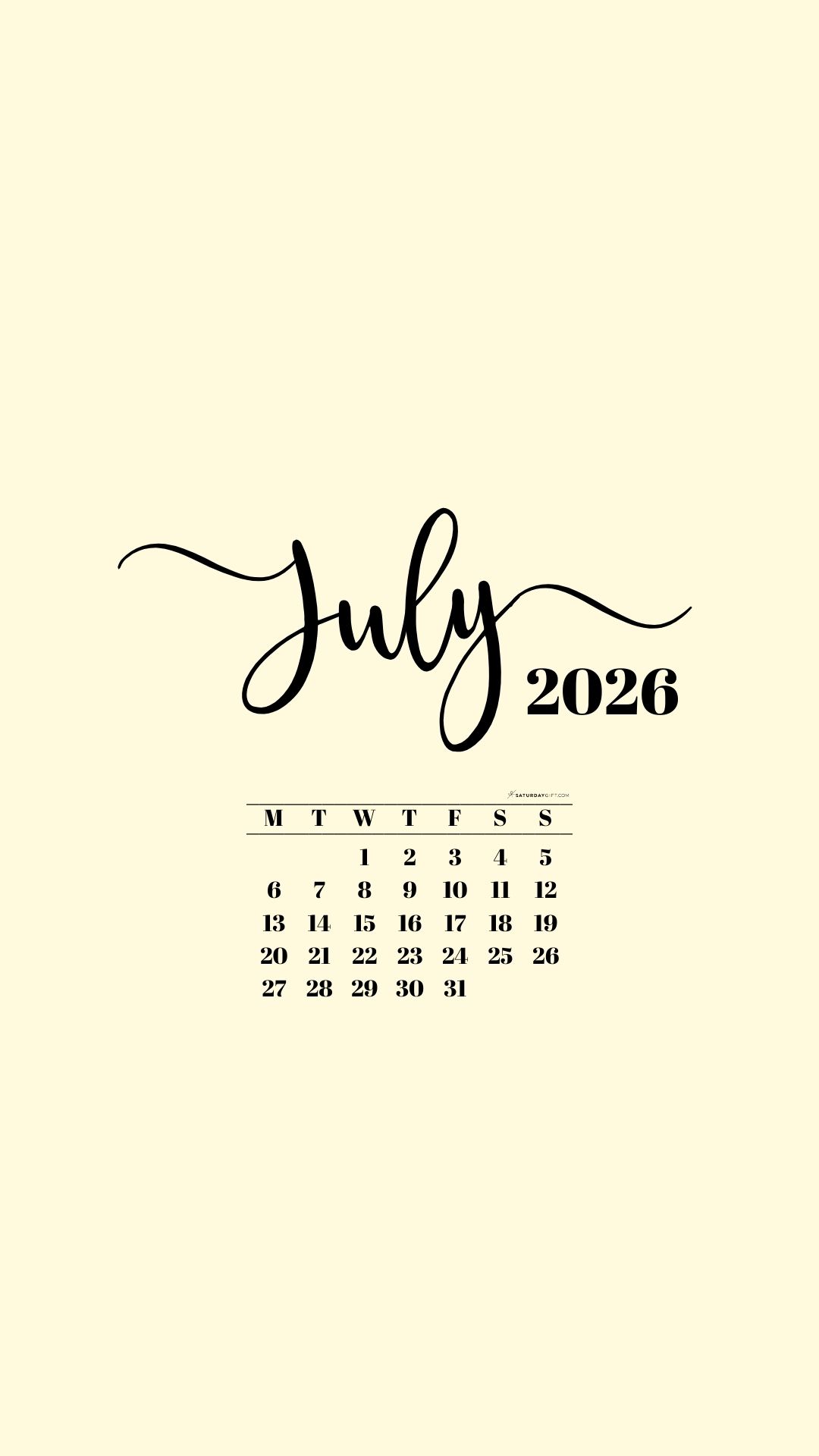 July 2026 Phone Background Wallpaper - Yellow | SaturdayGift