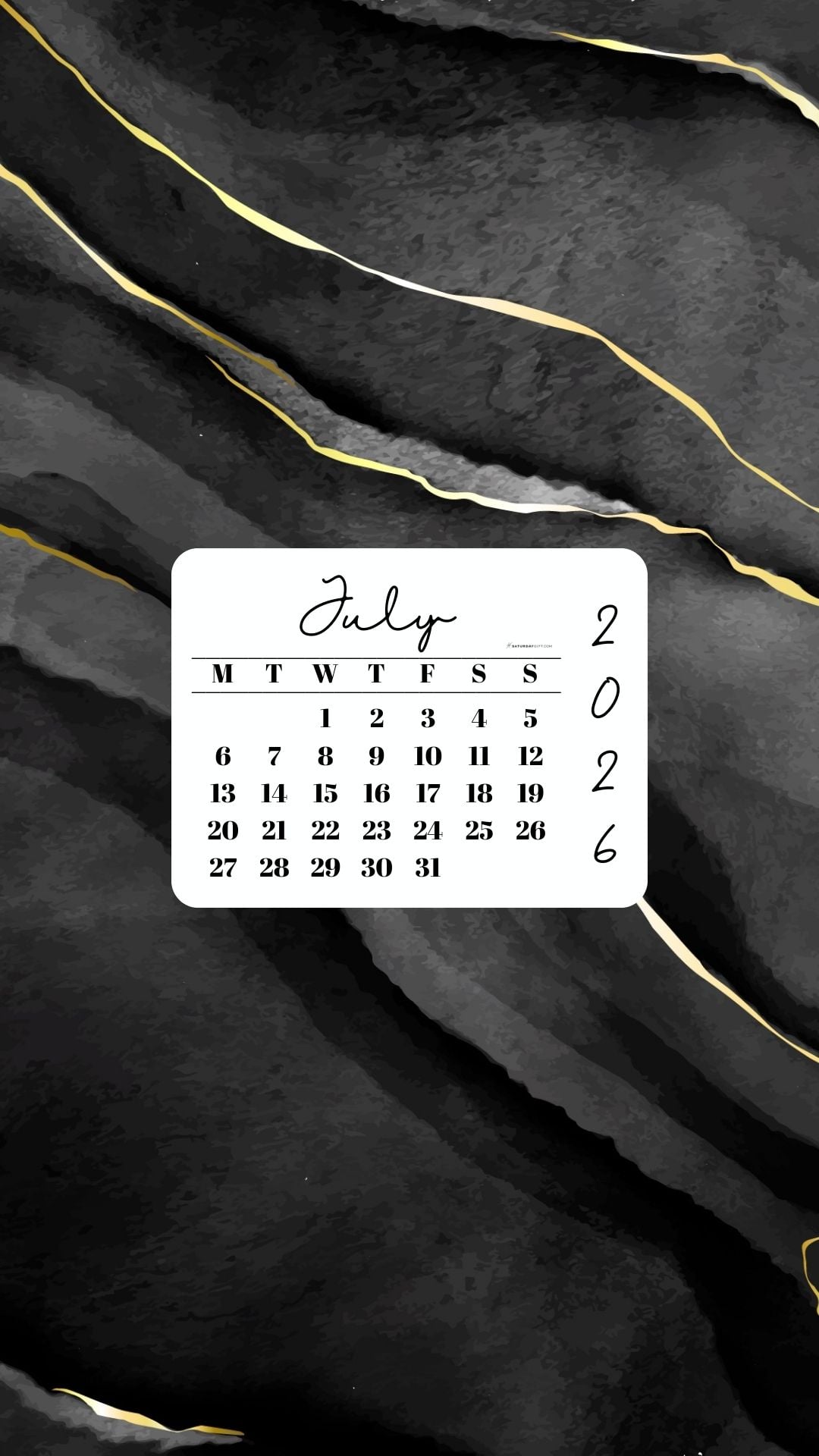 July 2026 Phone Wallpaper Background - Black & Gold Watercolor | SaturdayGift