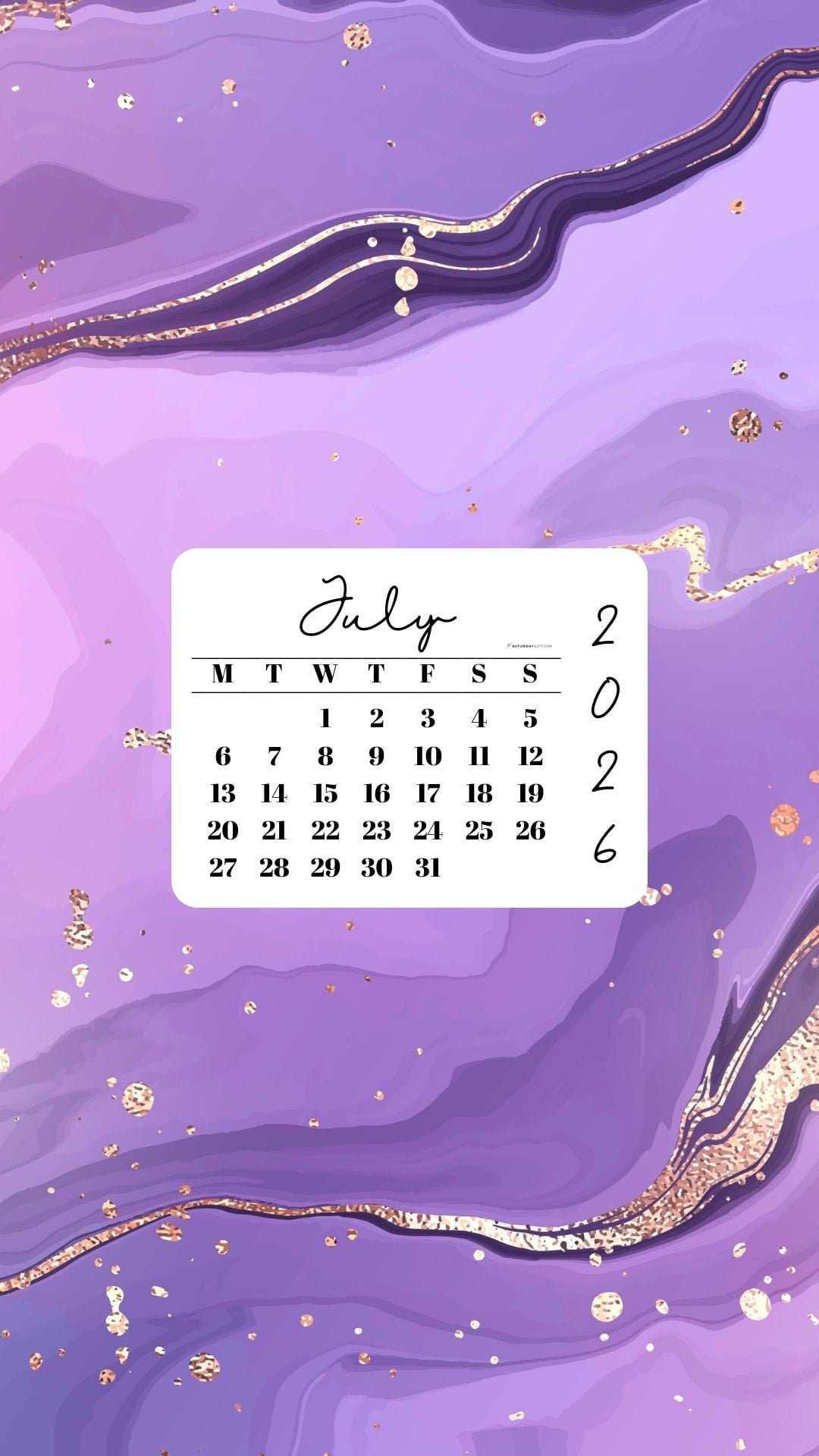 July 2026 Phone Wallpaper Background - Gold & Lilac | SaturdayGift