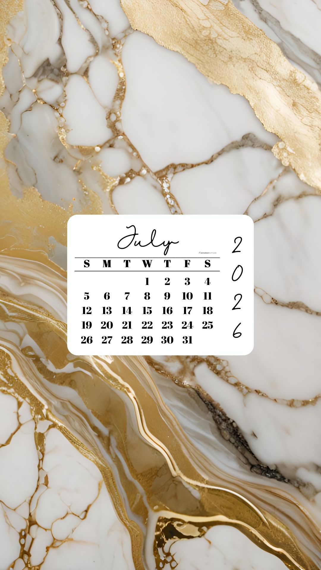 July 2026 Phone Wallpaper Background - Gold Marble | SaturdayGift