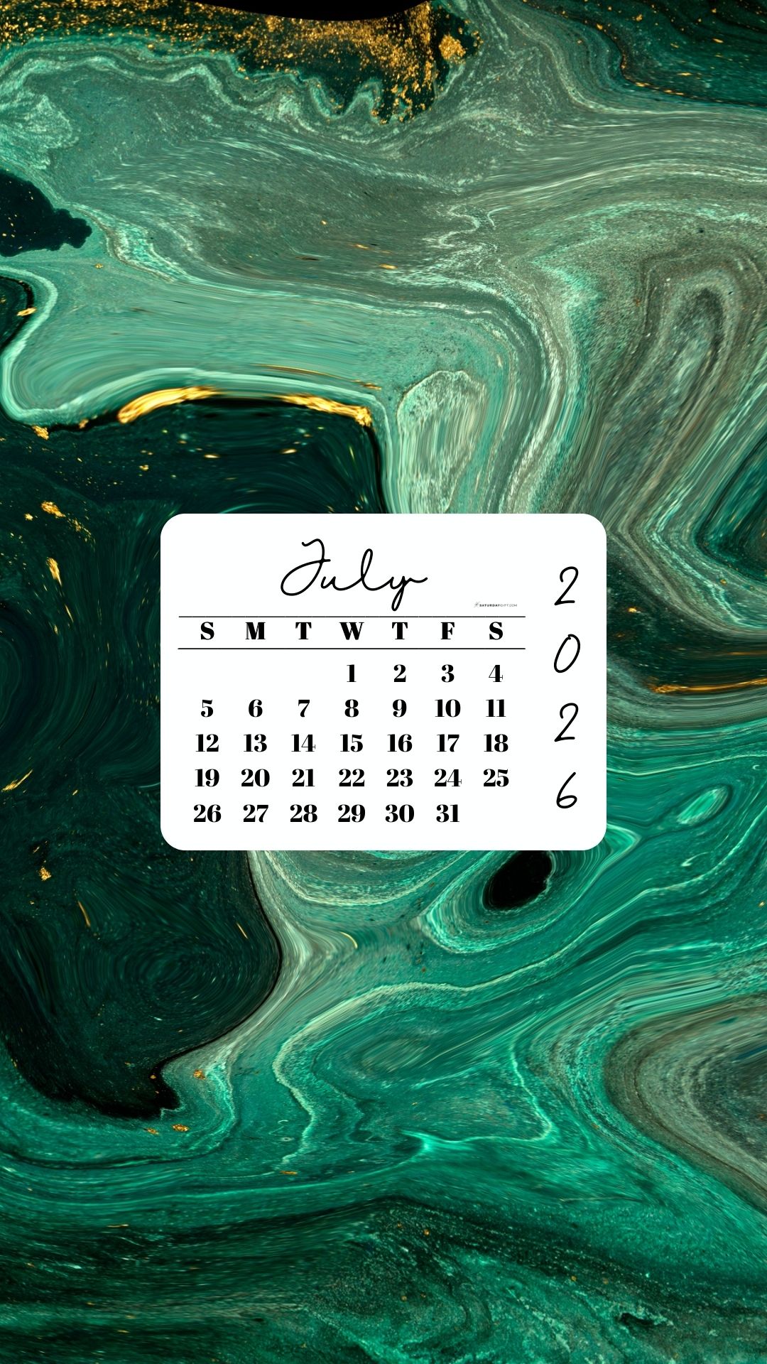 July 2026 Phone Wallpaper Background - Green & Gold | SaturdayGift