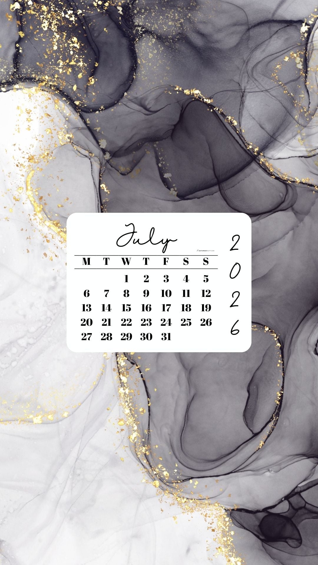 July 2026 Phone Wallpaper Background - Grey & Gold | SaturdayGift