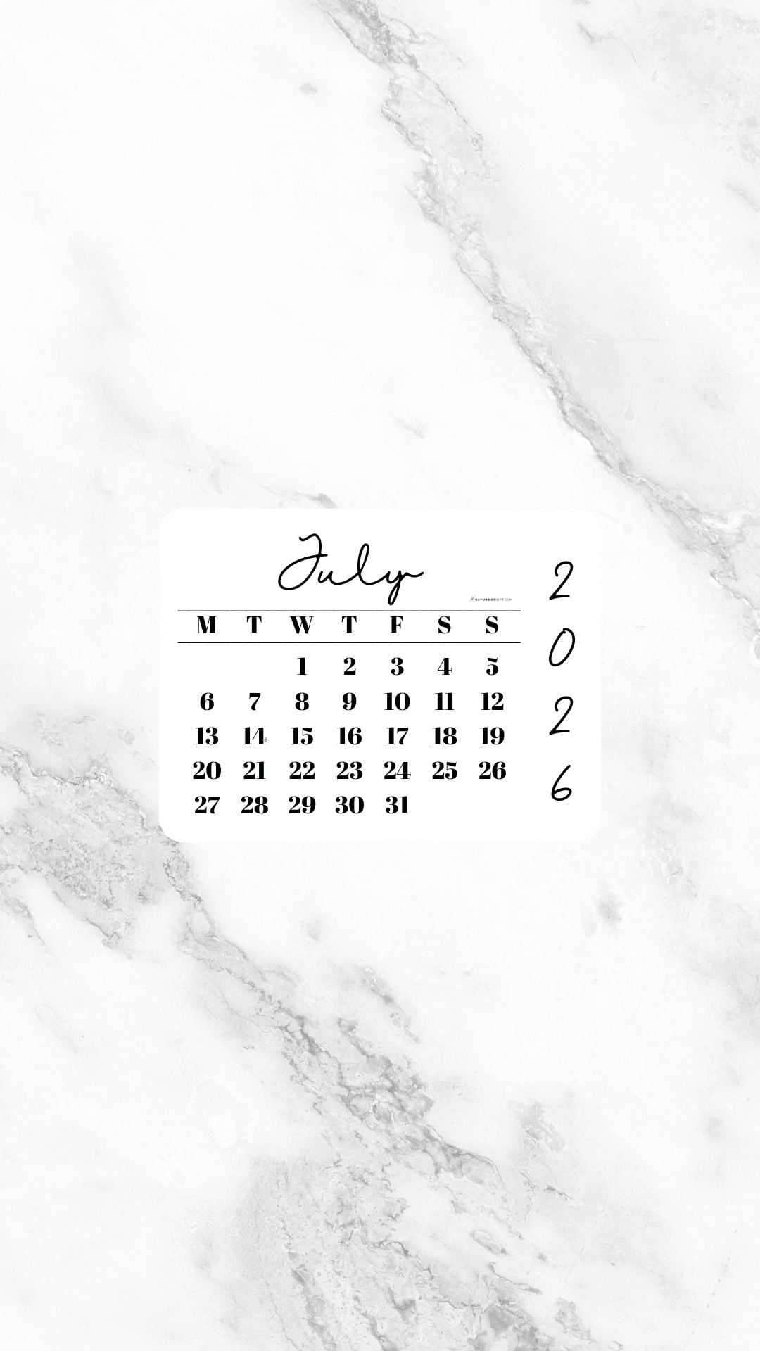 July 2026 Phone Wallpaper Background - White Marble | SaturdayGift