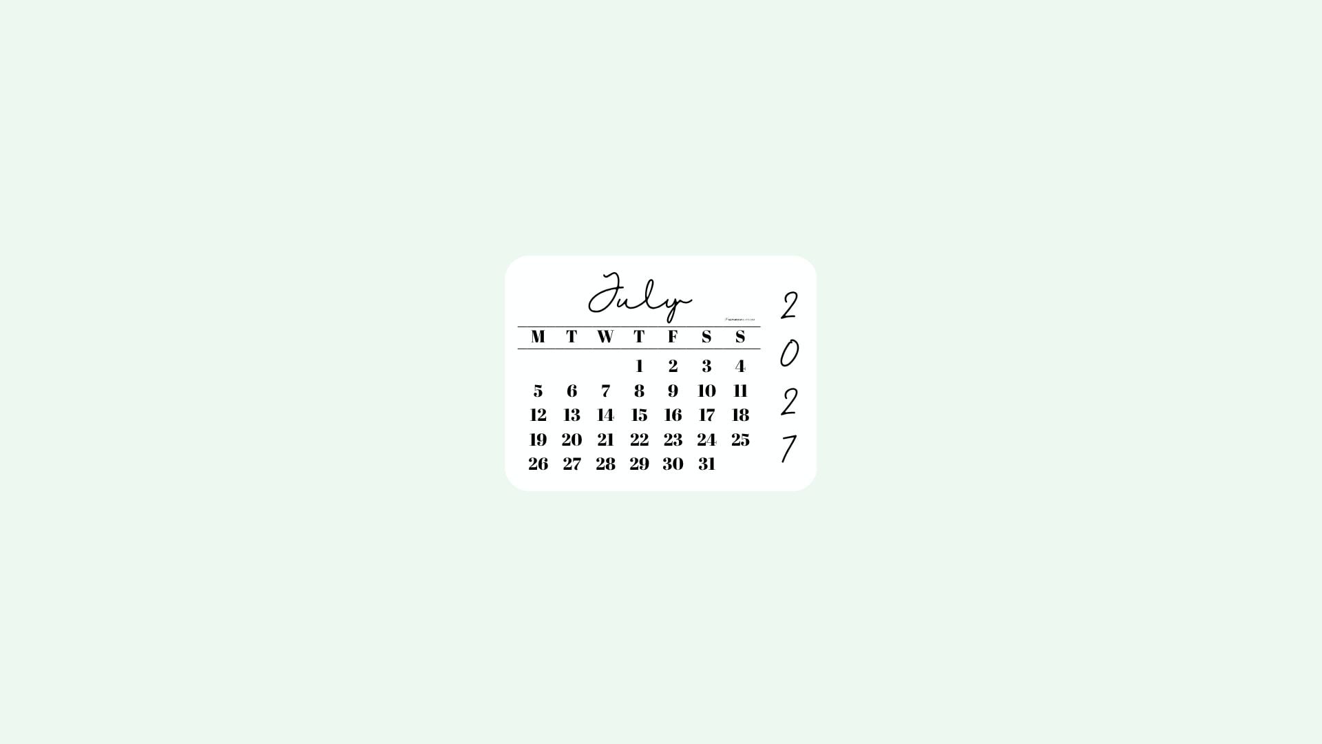 July 2027 Desktop Wallpaper Background - Simple Green | SaturdayGift