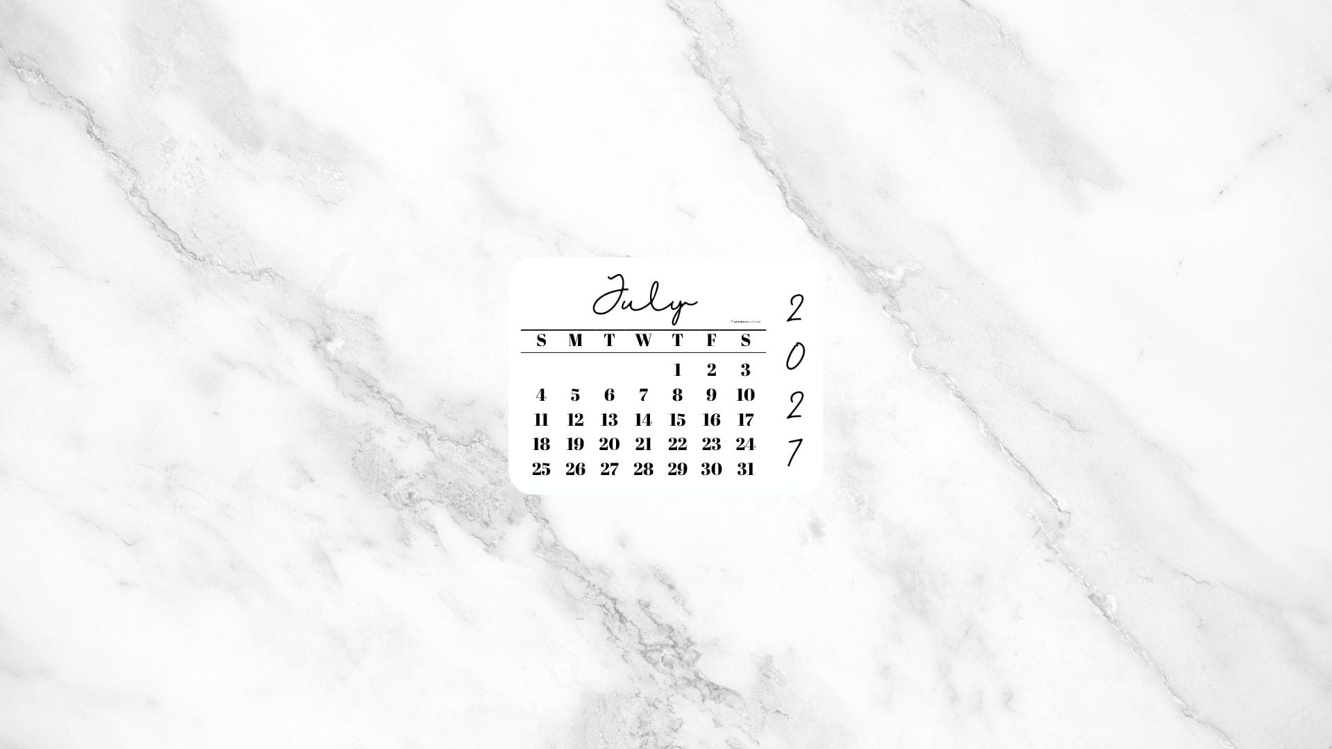 July 2027 Desktop Wallpaper Background - White Marble | SaturdayGift