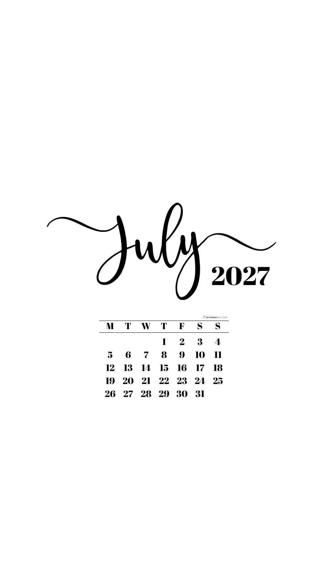 July 2027 Phone Background Wallpaper - White | SaturdayGift