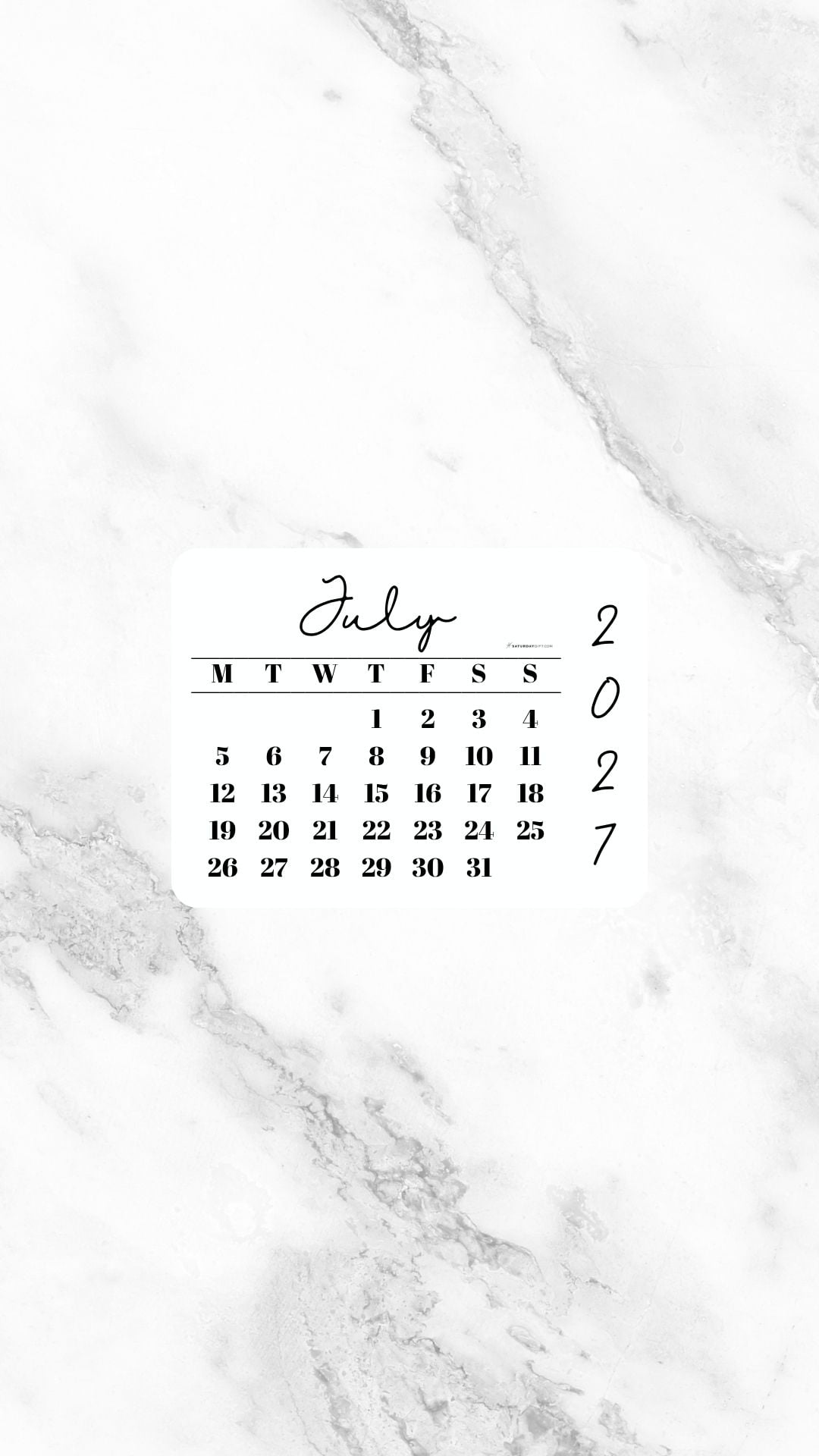 July 2027 Phone Wallpaper Background - White Marble | SaturdayGift