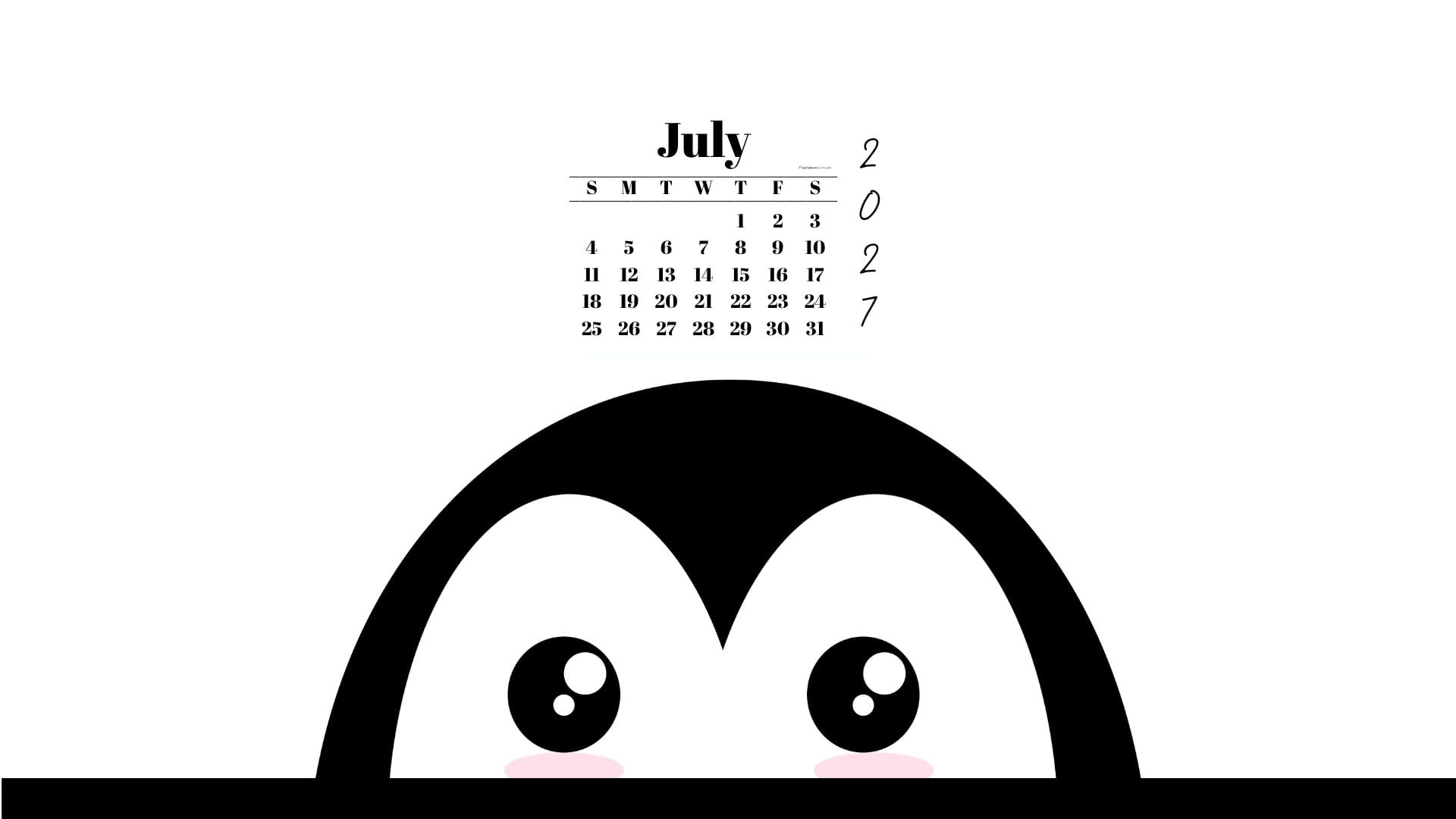 July 2027 Wallpaper for Desktop - Shy Penguin | SaturdayGift