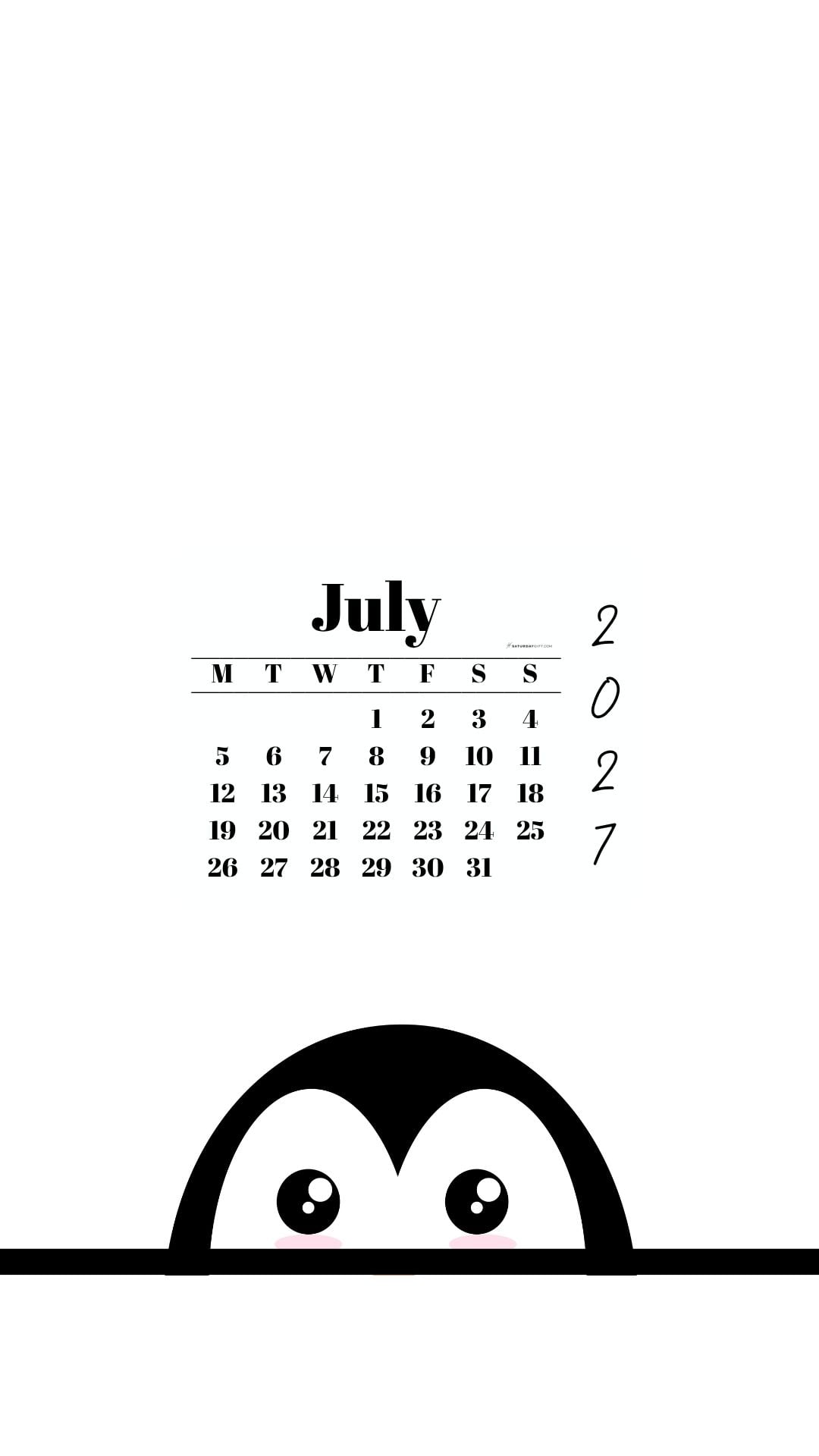 July 2027 Wallpaper for Phone - Shy Penguin | SaturdayGift