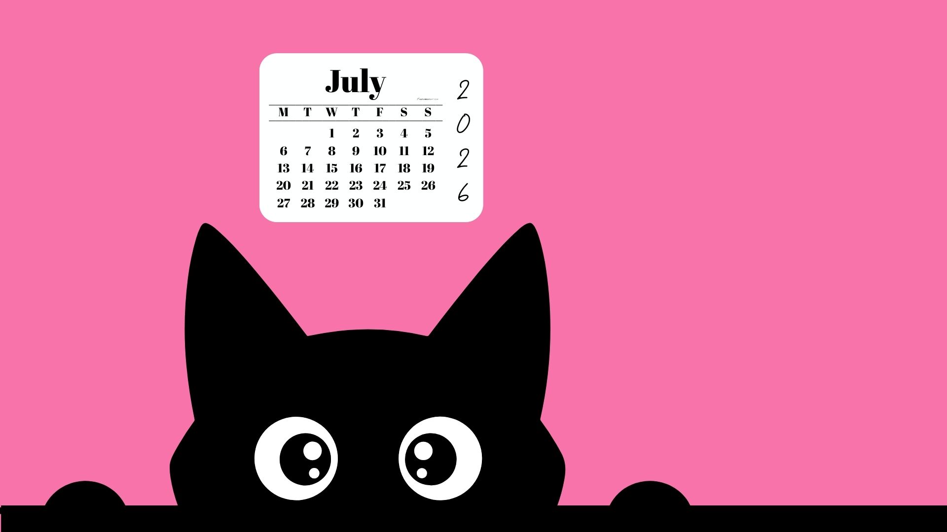 July Calendar 2026 Desktop Background - Shy Cat Pink | SaturdayGift
