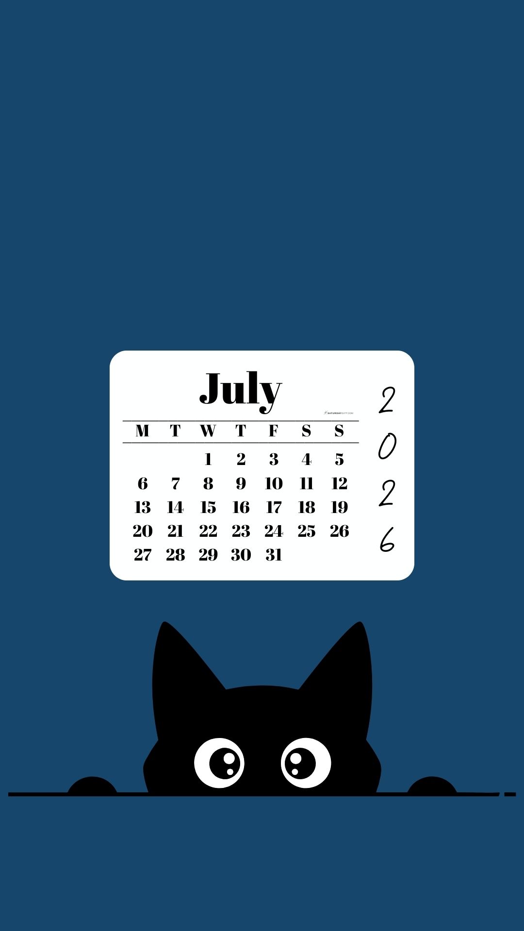 July Calendar 2026 Phone Background - Shy Cat Blue | SaturdayGift