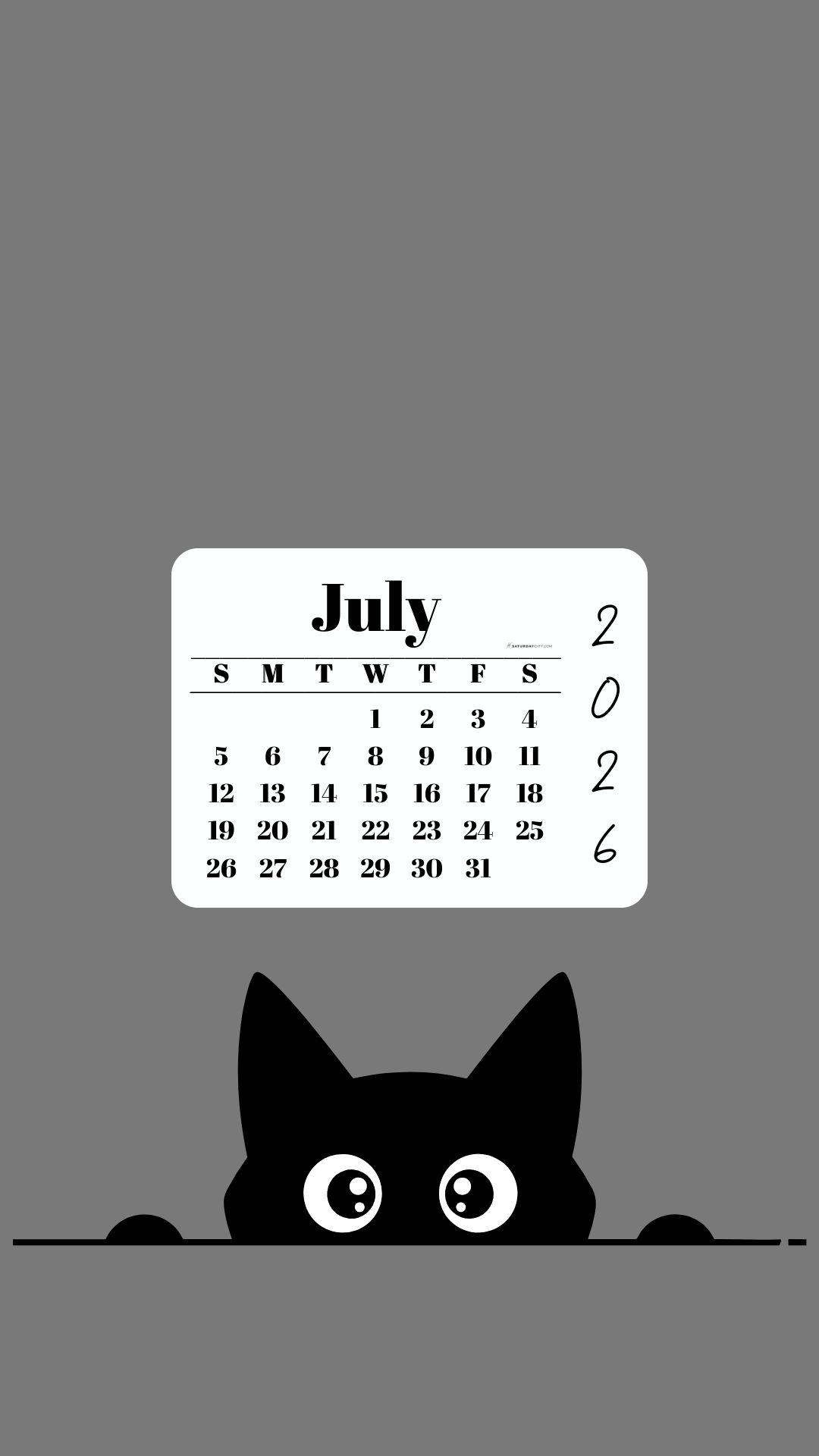 July Calendar 2026 Phone Background - Shy Cat Grey | SaturdayGift
