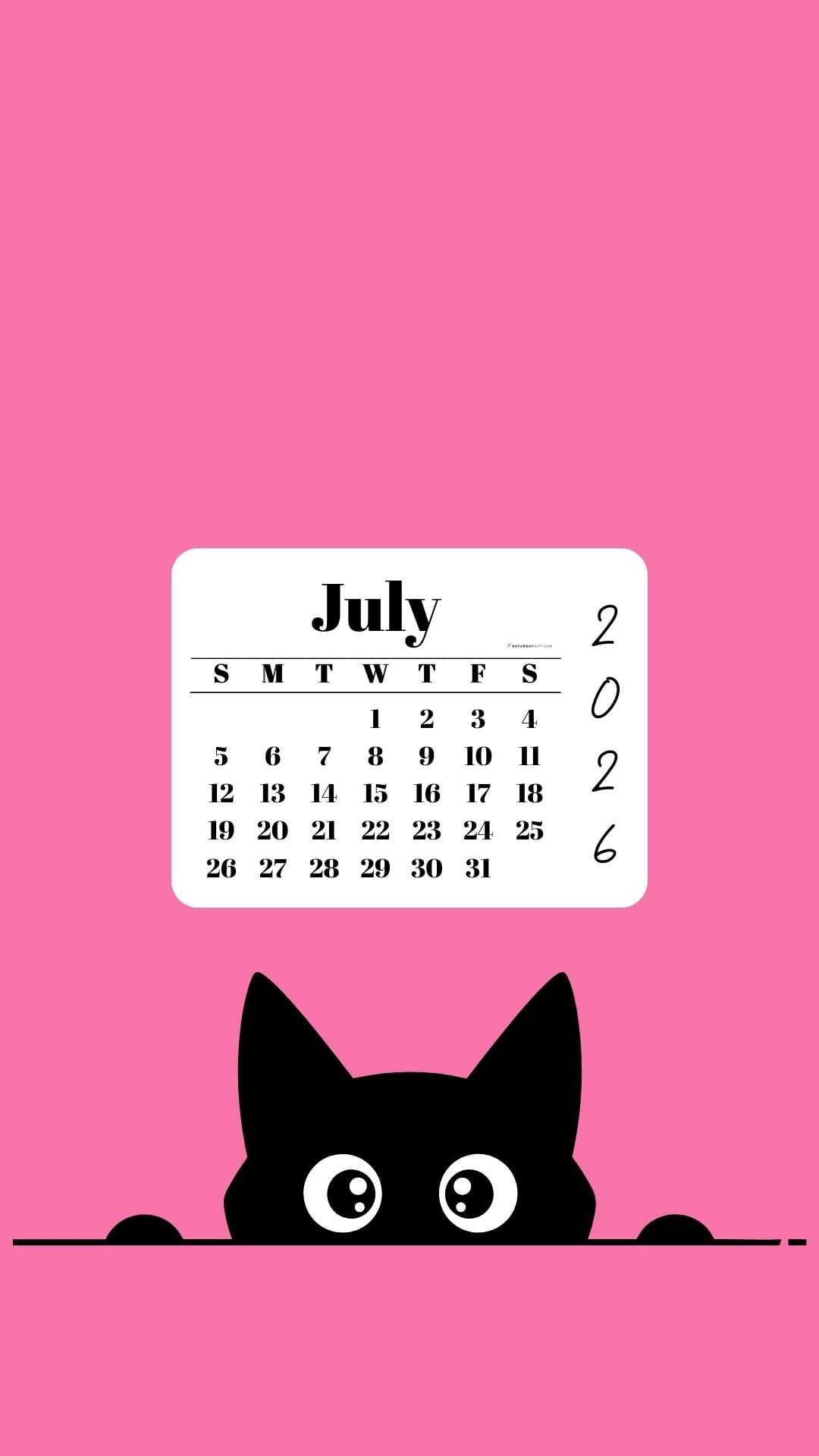 July Calendar 2026 Phone Background - Shy Cat Pink | SaturdayGift