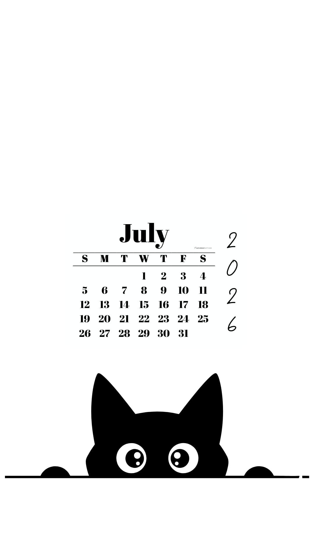 July Calendar 2026 Phone Background - Shy Cat White | SaturdayGift