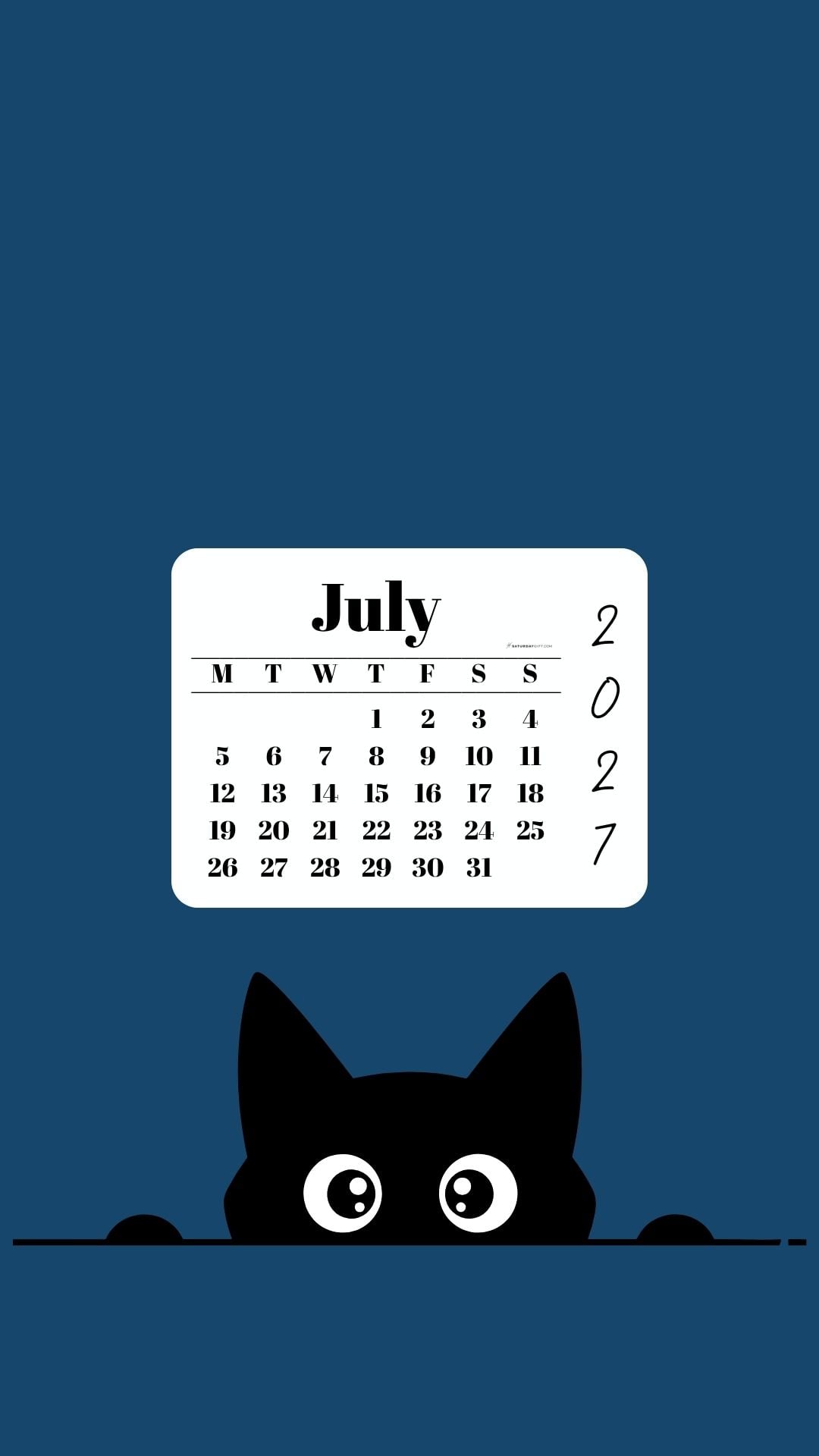 July Calendar Phone Background - Shy Cat Blue | SaturdayGift