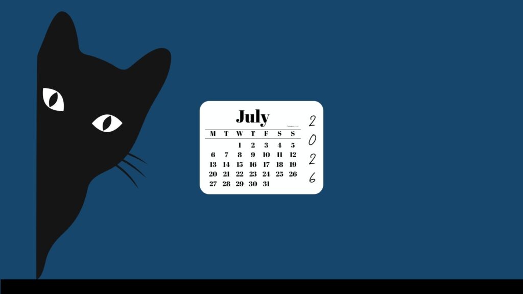 July Desktop Wallpaper 2026 - Black Cat Blue Background | SaturdayGift