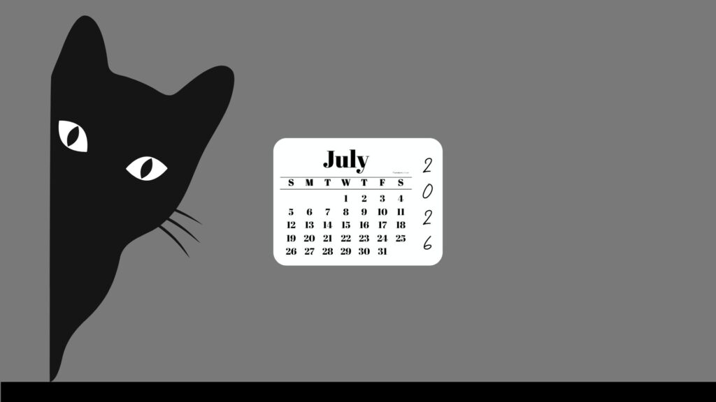 July Desktop Wallpaper 2026 - Black Cat Grey Background | SaturdayGift