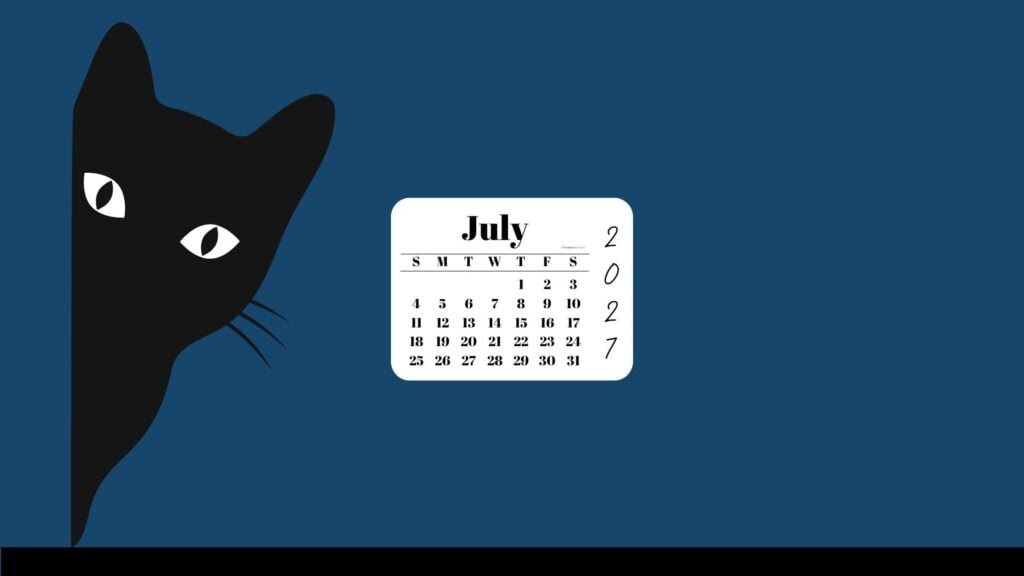 July Desktop Wallpaper 2027 - Black Cat Blue Background | SaturdayGift